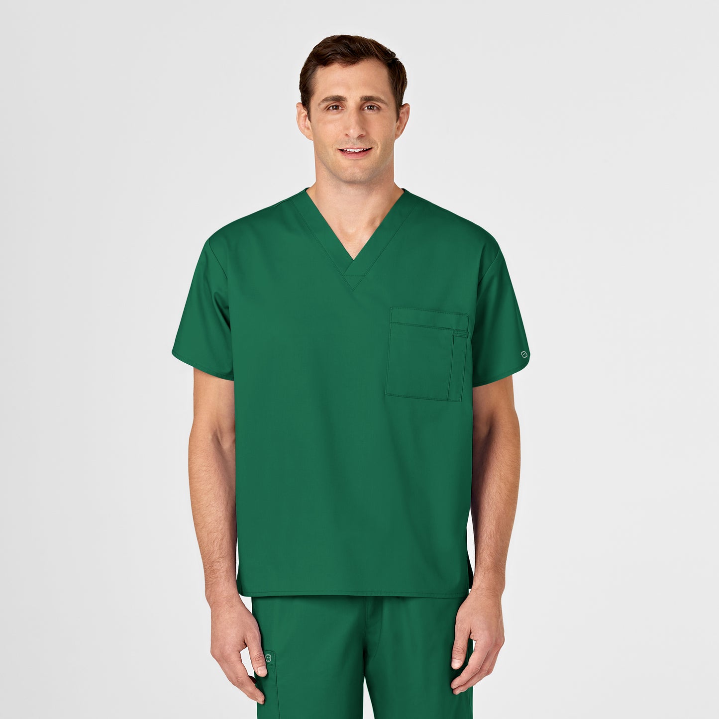 WonderWORK 100 Unisex V-Neck Scrub Top Hunter Model Image Left Side | Wink