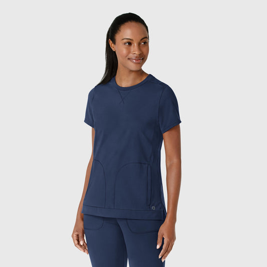 RENEW 6359 Knit Flex-n-Reach Crew Neck Scrub Top Navy Model Image Right Side | Wink