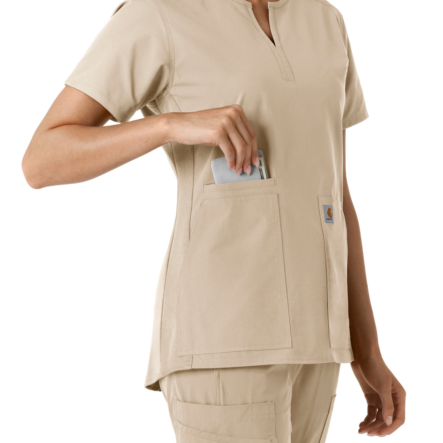 Force Essentials C12413 Notch Neck Tunic Knit Panel Scrub Top Khaki Model Image Alternate | Carhartt