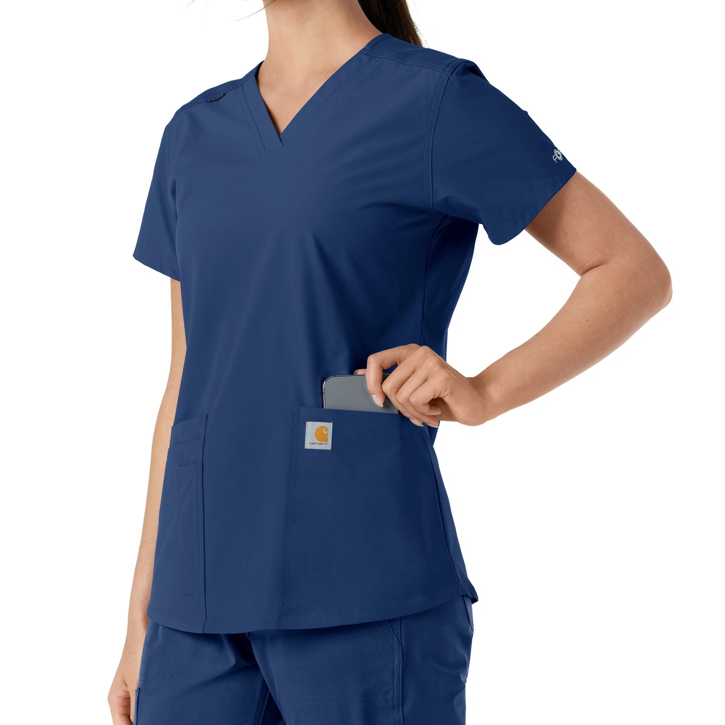 Force Essentials C12313 V-Neck Knit Panel Scrub Top Navy Model Image Alternate | Carhartt