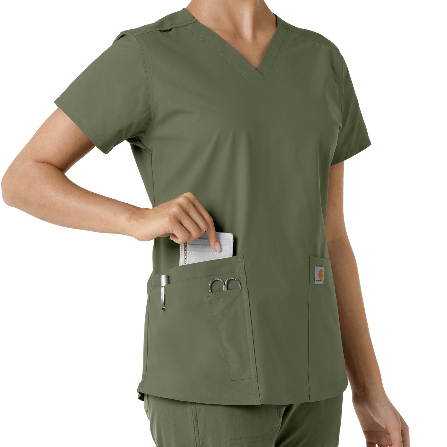 Force Essentials C12313 V-Neck Knit Panel Scrub Top Olive Model Image Alternate | Carhartt