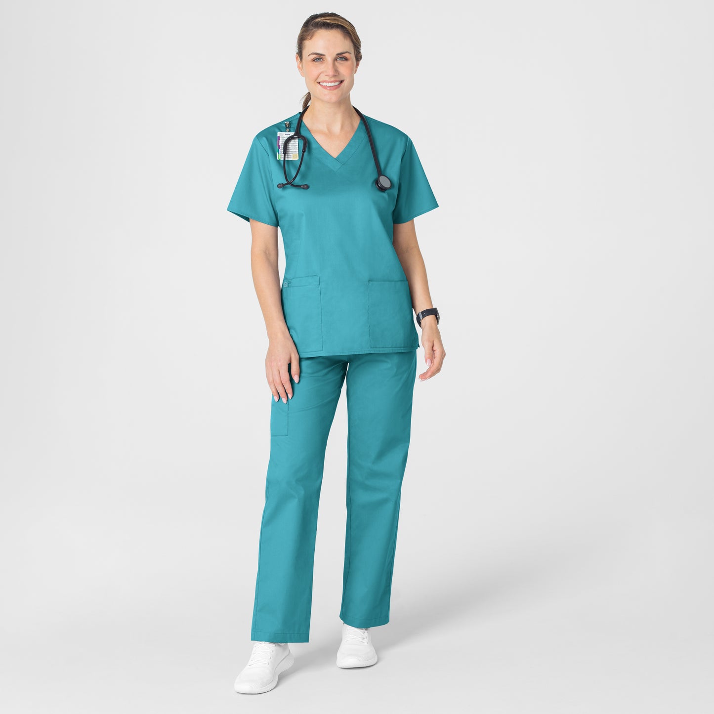 WonderWORK 101 V-Neck Scrub Top Teal Blue Model Image Alternate | Wink