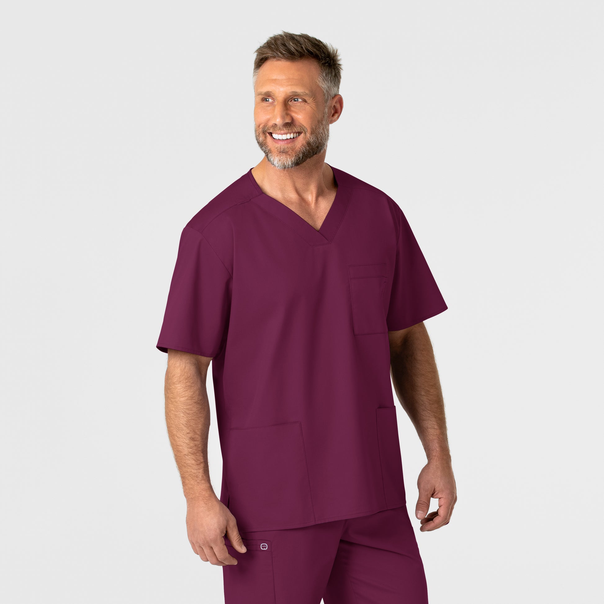 WonderWORK 103 Men's V-Neck Scrub Top Wine Model Image Right Side | Wink