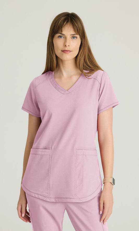 Grey's Anatomy Evolve GSST180 Women's Rhythm Top in Misty Pink by Barco Model Image Front