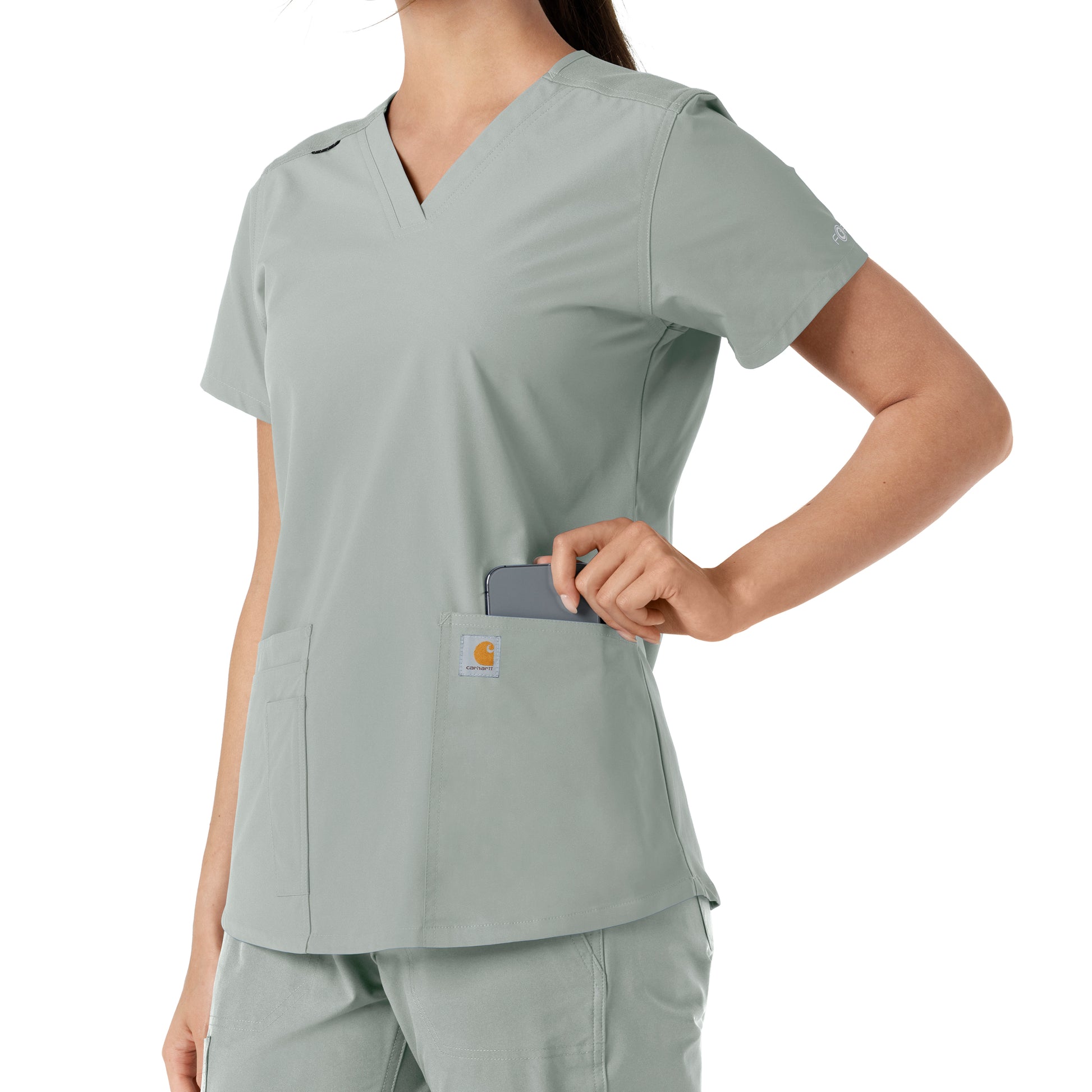 Force Essentials C12313 V-Neck Knit Panel Scrub Top Grey Model Image Alternate | Carhartt