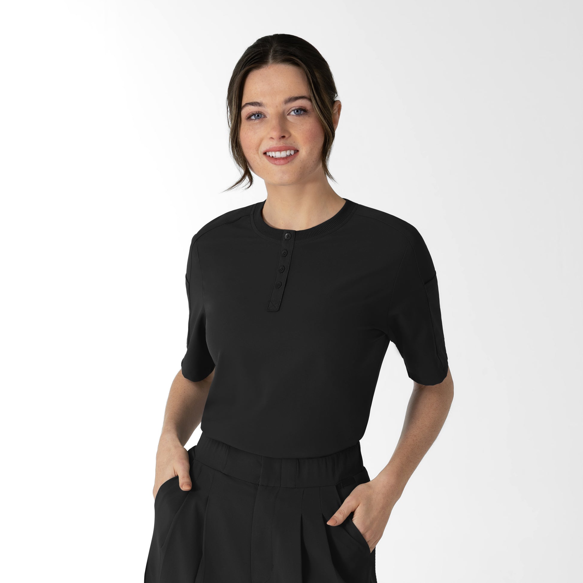 RENEW 6354 Women's Tuck-In Henley Scrub Top Black