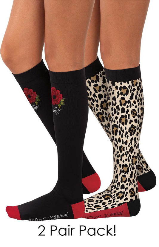 Betsey Johnson BA178 Compression Socks 2-pac Floral Cheetah  Betsey