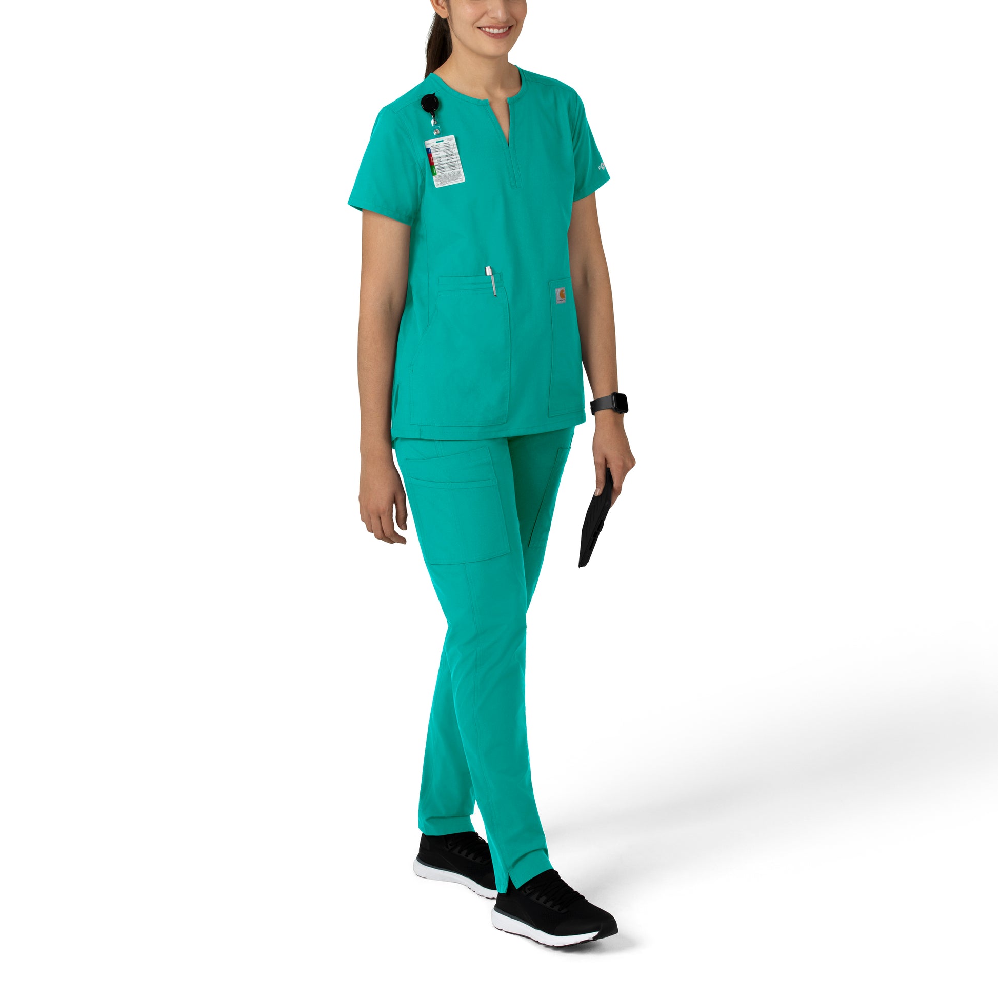 Force Essentials C12213 Notch Neck Tunic Scrub Top Teal Blue Model Image Right Side | Carhartt