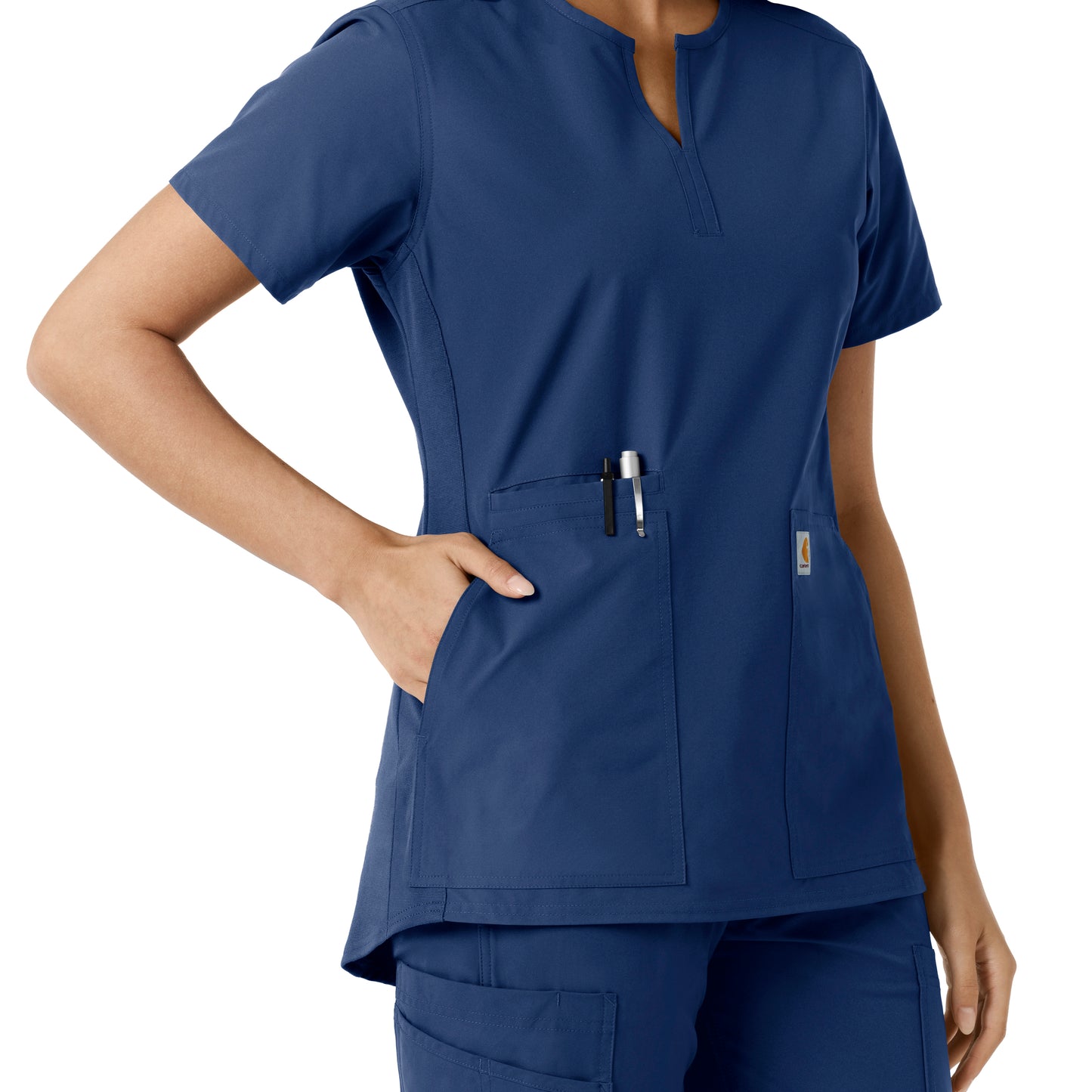 Force Essentials C12413 Notch Neck Tunic Knit Panel Scrub Top Navy Model Image Alternate | Carhartt