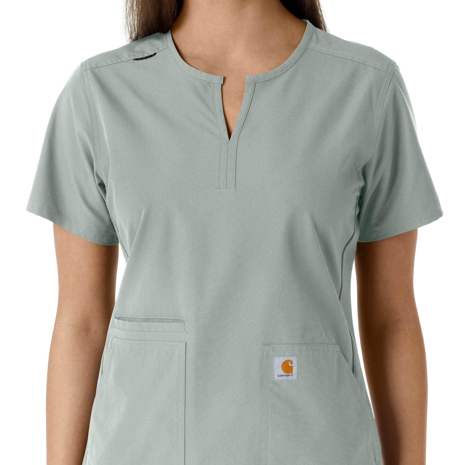 Force Essentials C12413 Notch Neck Tunic Knit Panel Scrub Top Grey Model Image Left Side | Carhartt