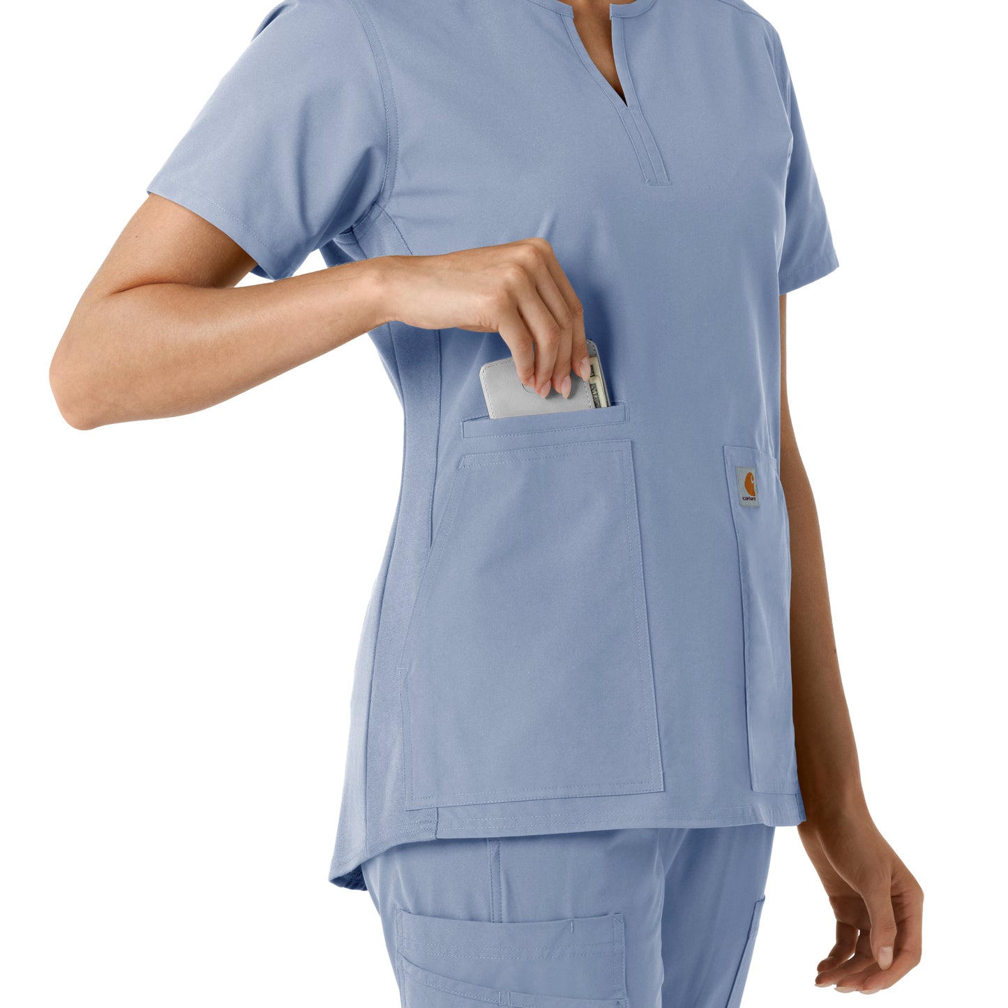 Force Essentials C12413 Notch Neck Tunic Knit Panel Scrub Top Ceil Blue Model Image Alternate | Carhartt