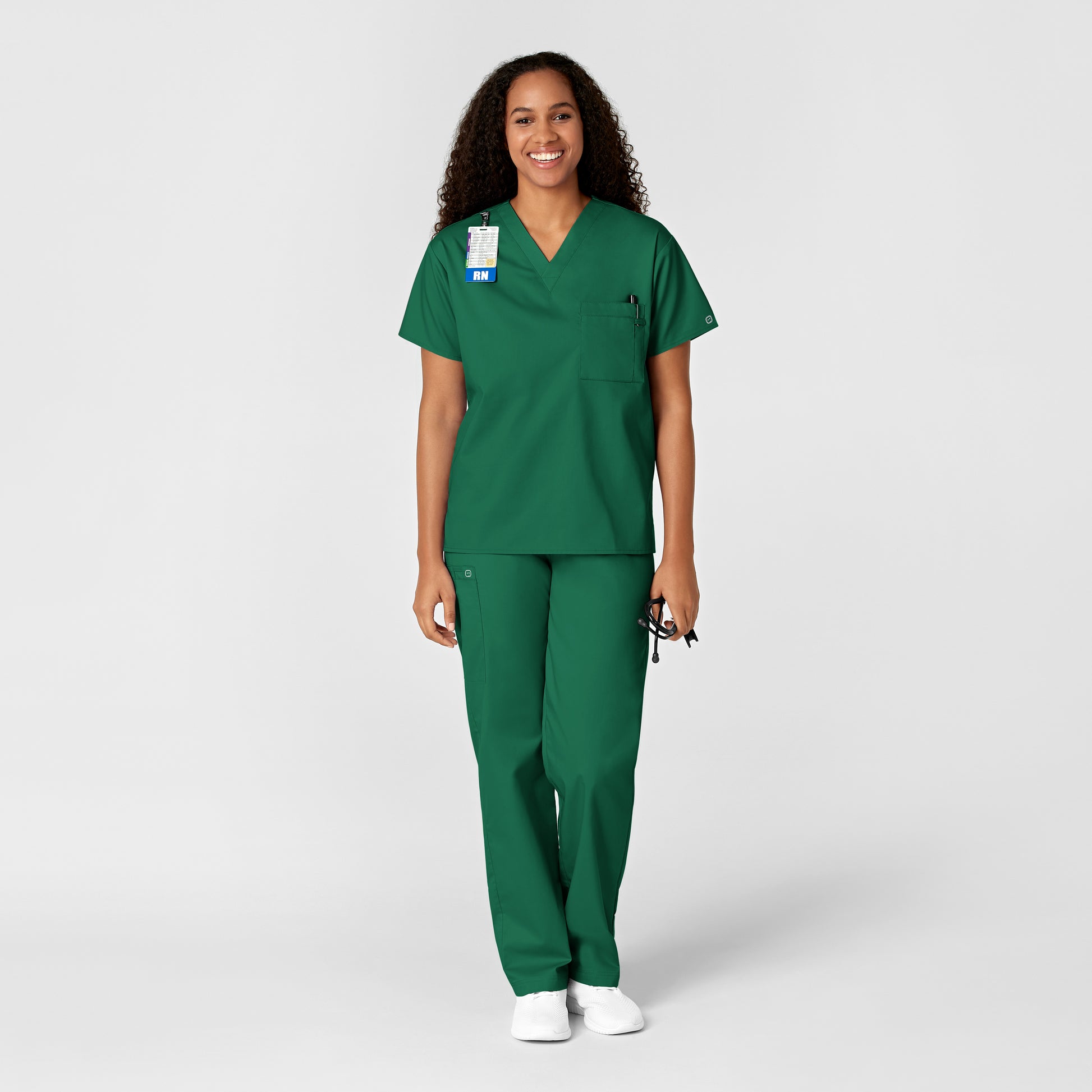 WonderWORK 100 Unisex V-Neck Scrub Top Hunter Model Image Alternate | Wink