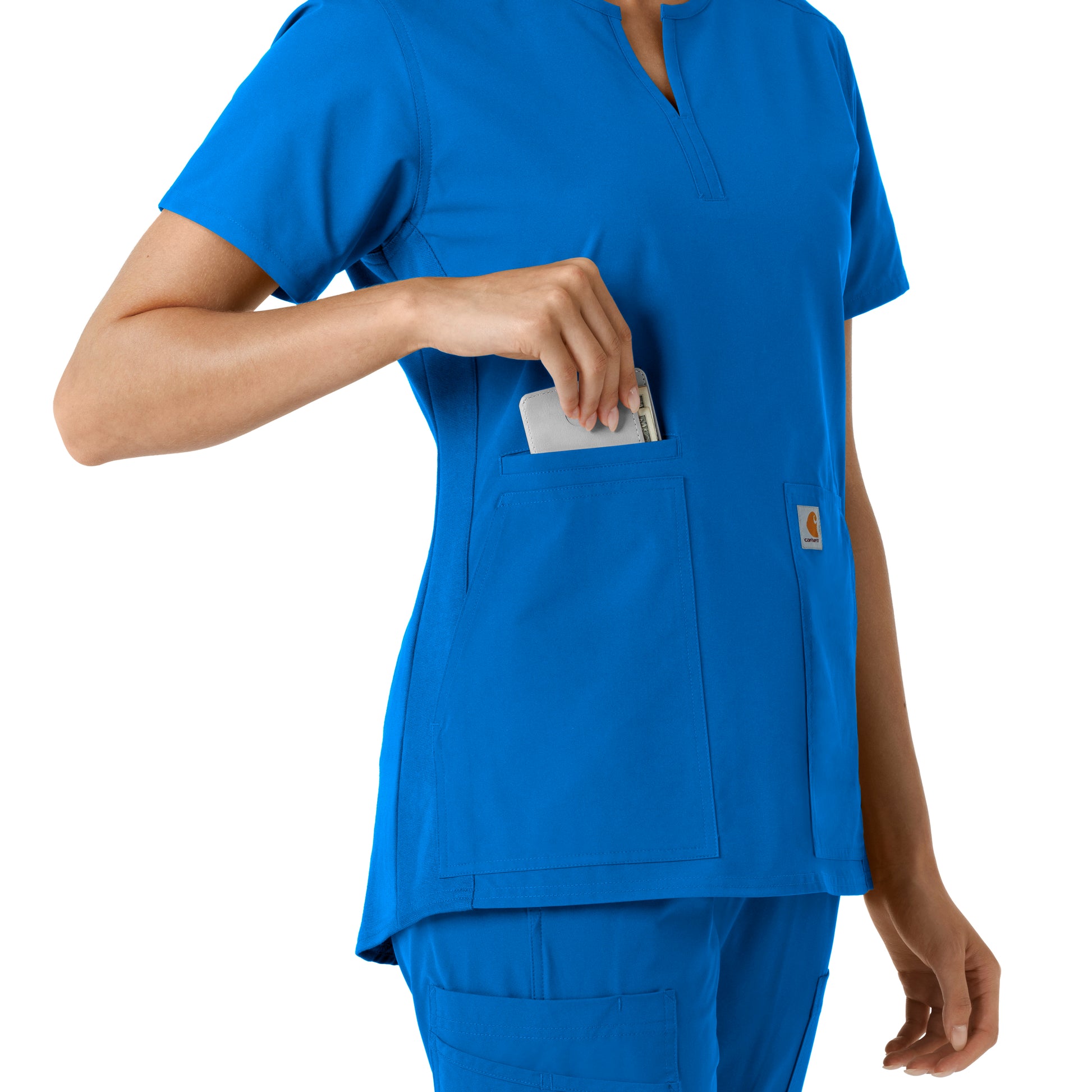 Force Essentials C12413 Notch Neck Tunic Knit Panel Scrub Top Royal Model Image Alternate | Carhartt