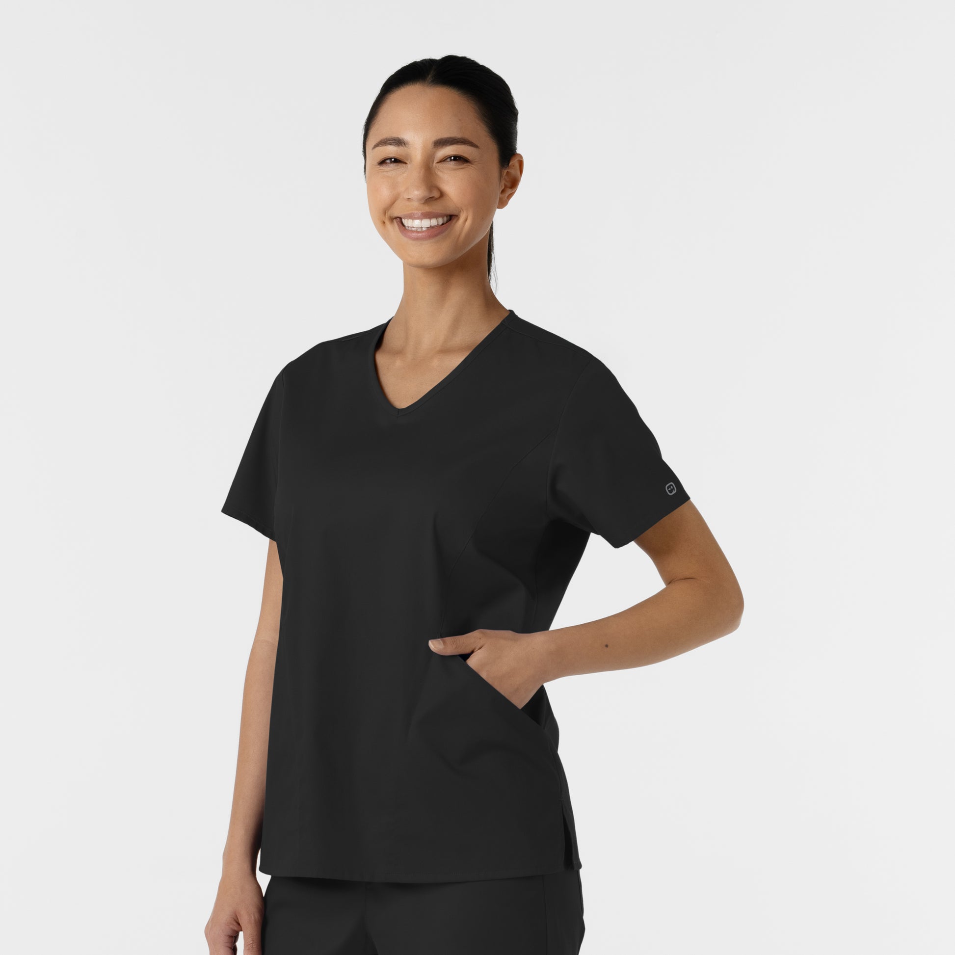 WonderWORK 106 Curved V-Neck Scrub Top Black Model Image Right Side | Wink