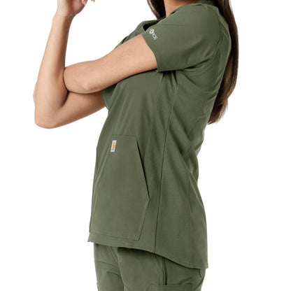 Force Essentials C12413 Notch Neck Tunic Knit Panel Scrub Top Olive Model Image Alternate | Carhartt