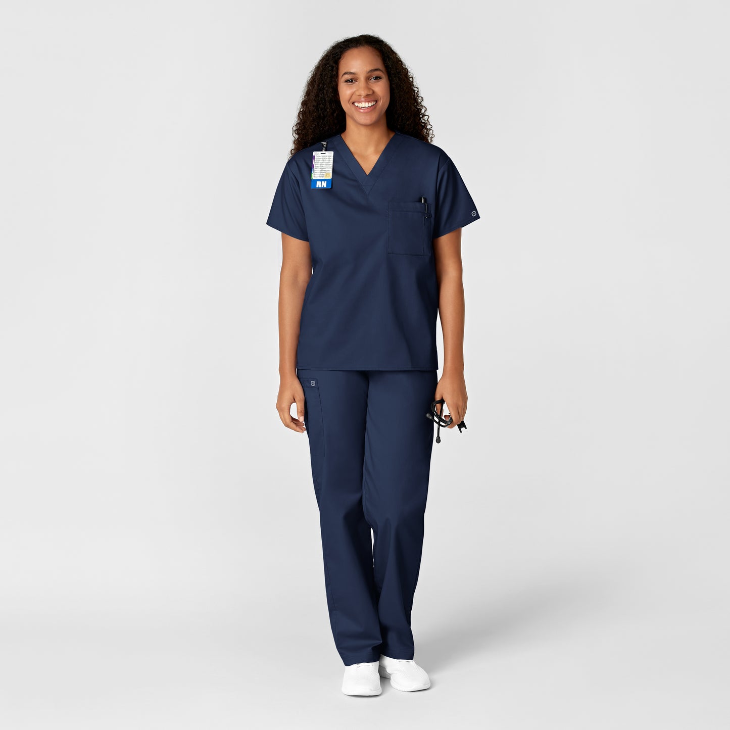 WonderWORK 100 Unisex V-Neck Scrub Top Navy Model Image Alternate | Wink