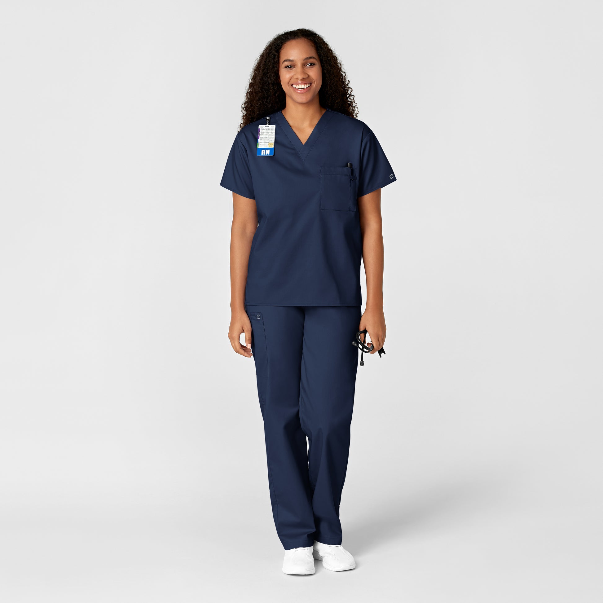 WonderWORK 100 Unisex V-Neck Scrub Top Navy Model Image Right Side | Wink