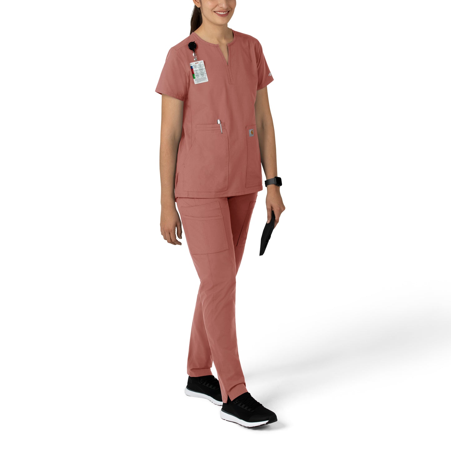 Force Essentials C12213 Notch Neck Tunic Scrub Top Wildrose Model Image Front | Carhartt