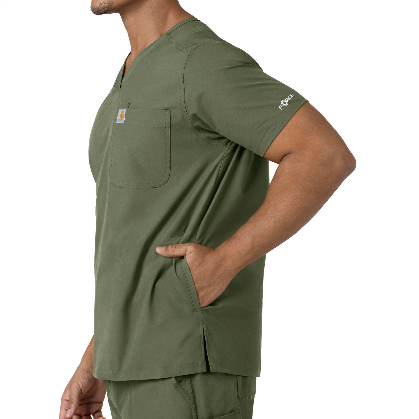 Force Essentials C16113 Men's V-Neck Shirttail Scrub Top Olive Model Image Alternate | Carhartt