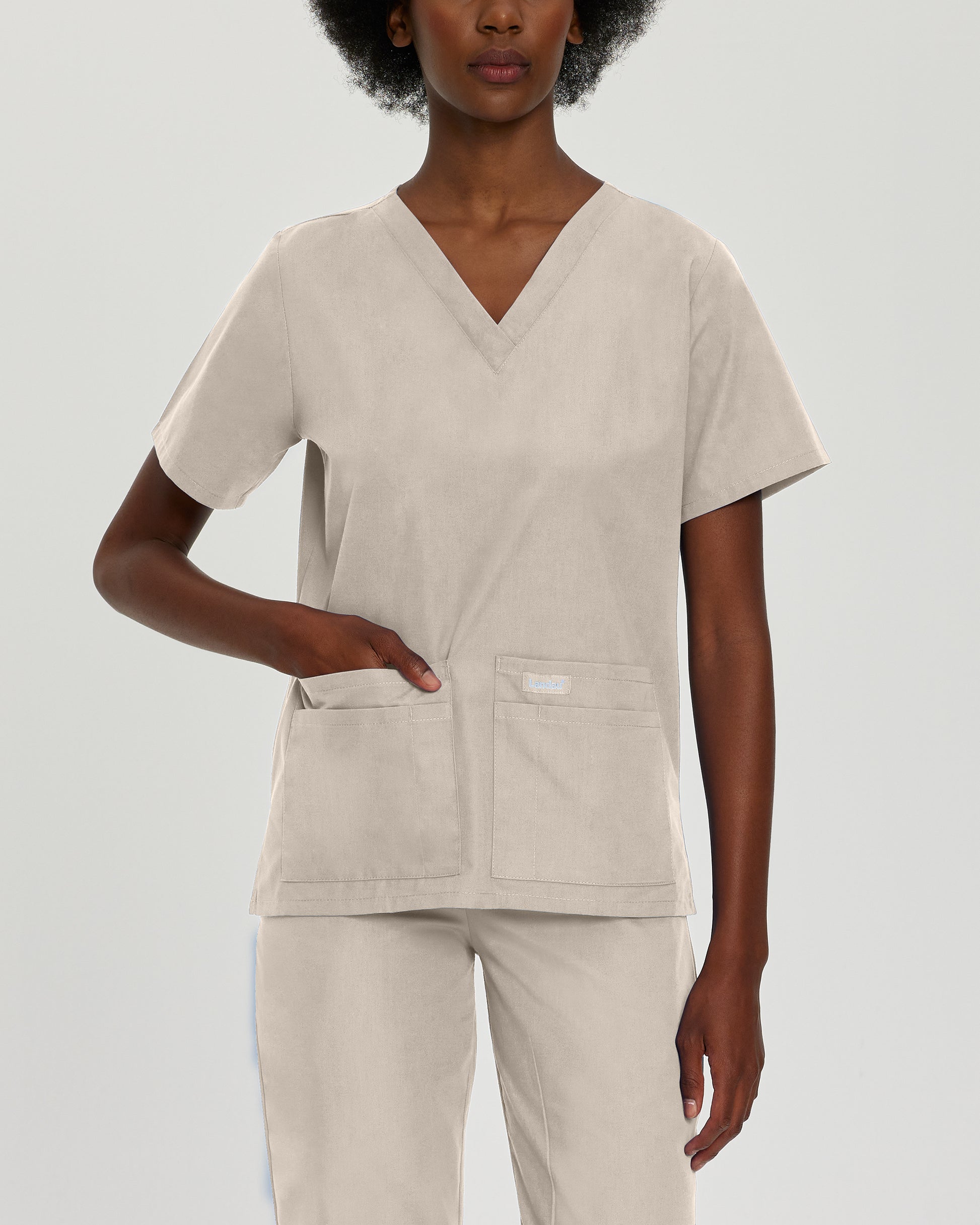 Essentials 8219 Women's 4 Pocket V Neck Scrub Top Sandstone Image