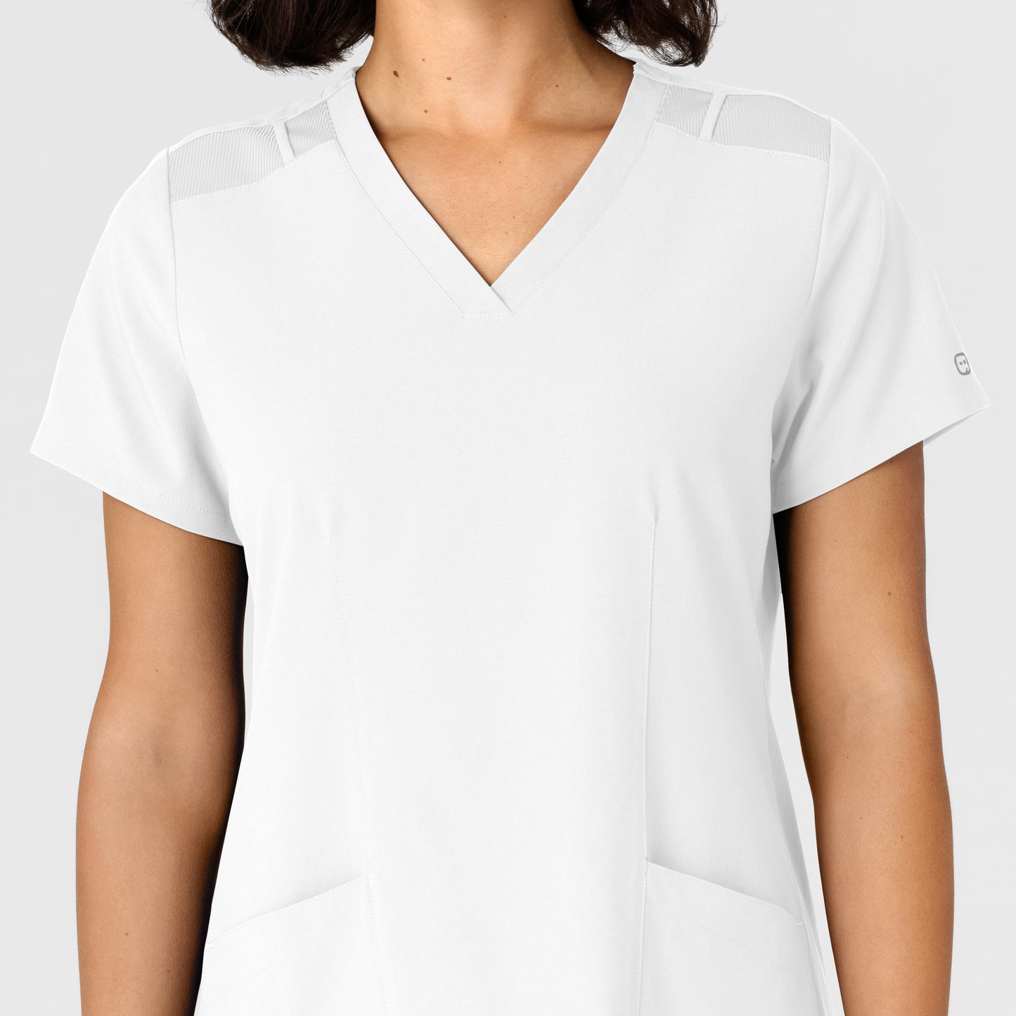 W123 6145 Flex-n-Reach Side Panel V-Neck Scrub Top White Model Image Left Side | Wink