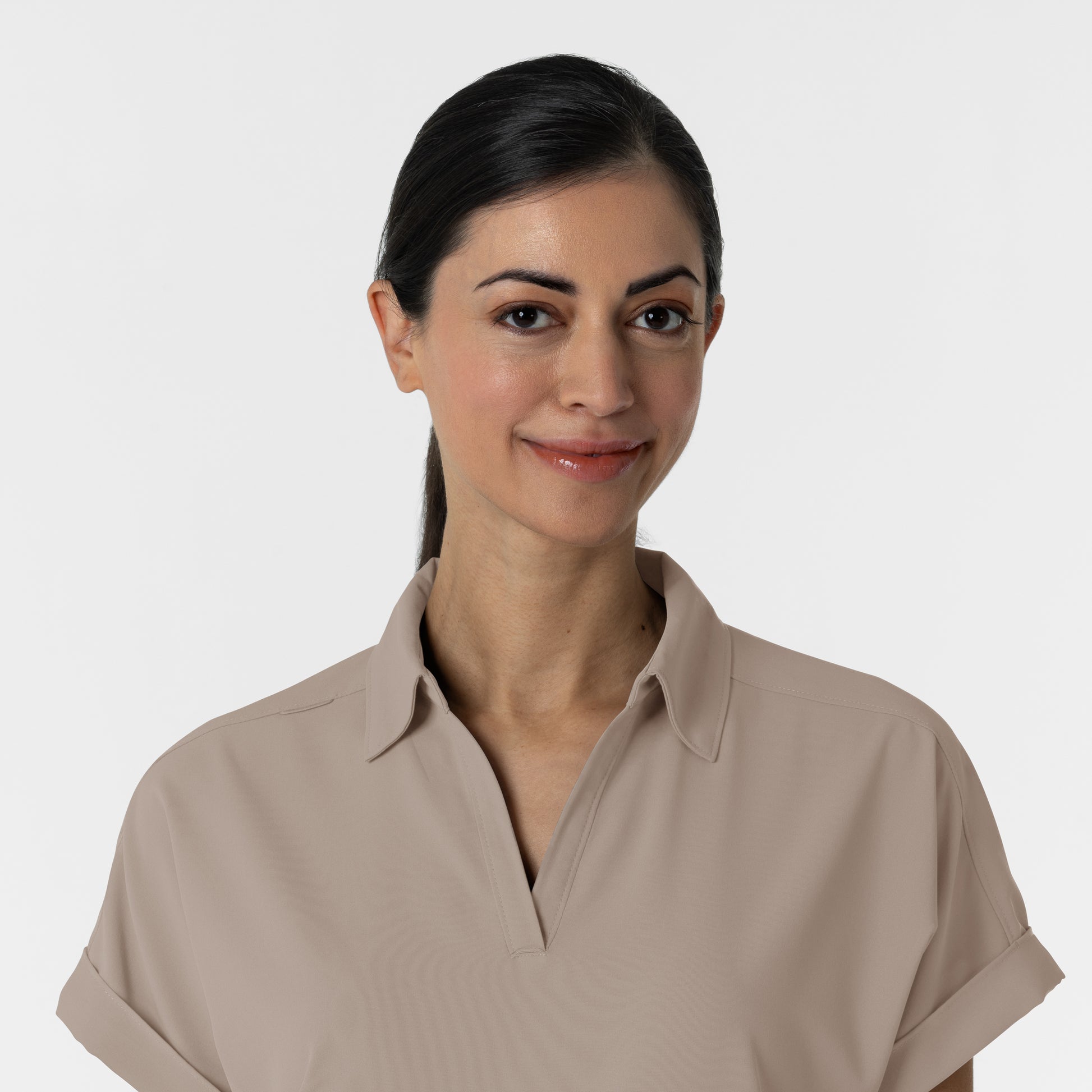 RENEW 6934 Women’s Flex-n-Reach Collared Scrub Top Haze Model Image Left Side | Wink