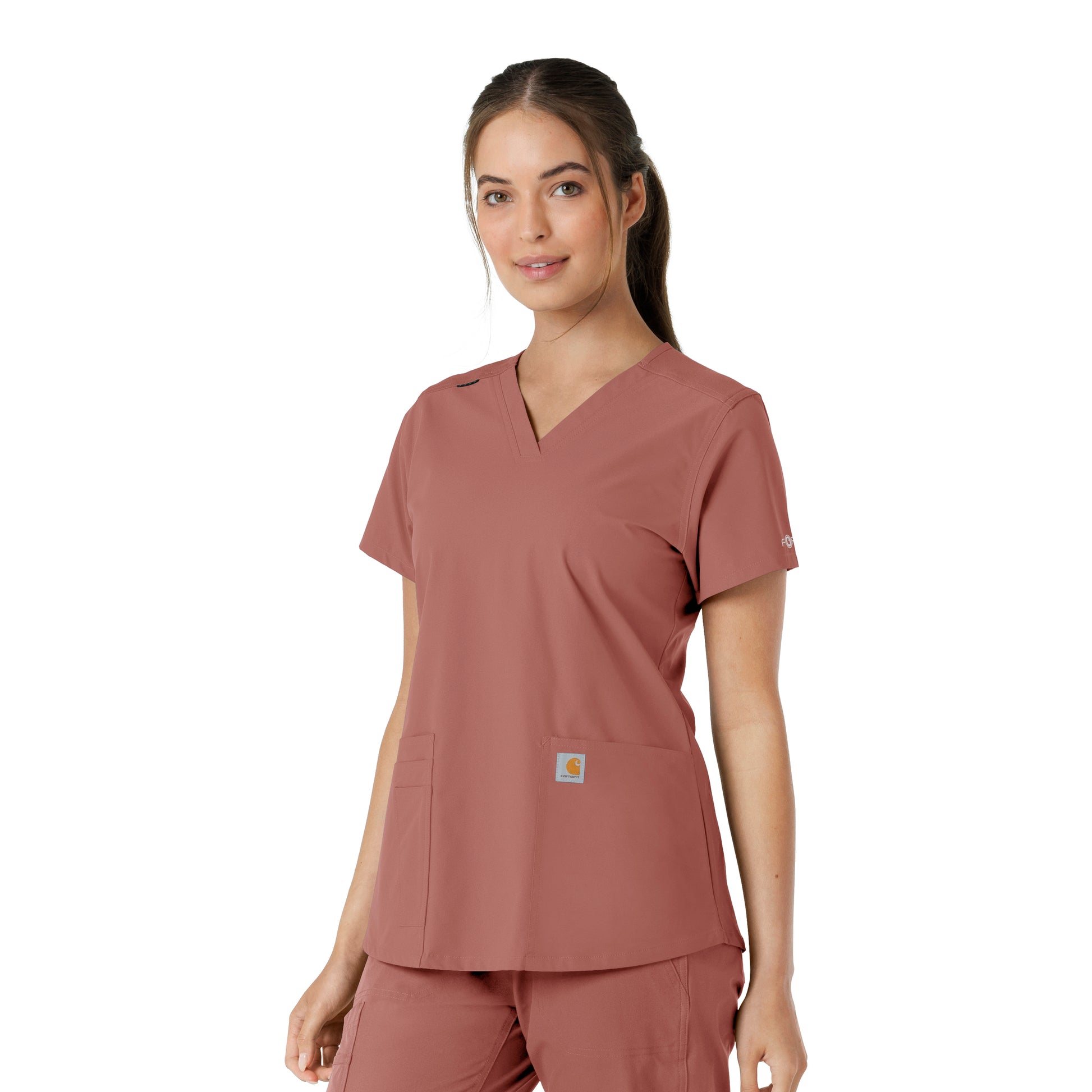 Force Essentials C12313 V-Neck Knit Panel Scrub Top Wildrose Model Image Right Side | Carhartt