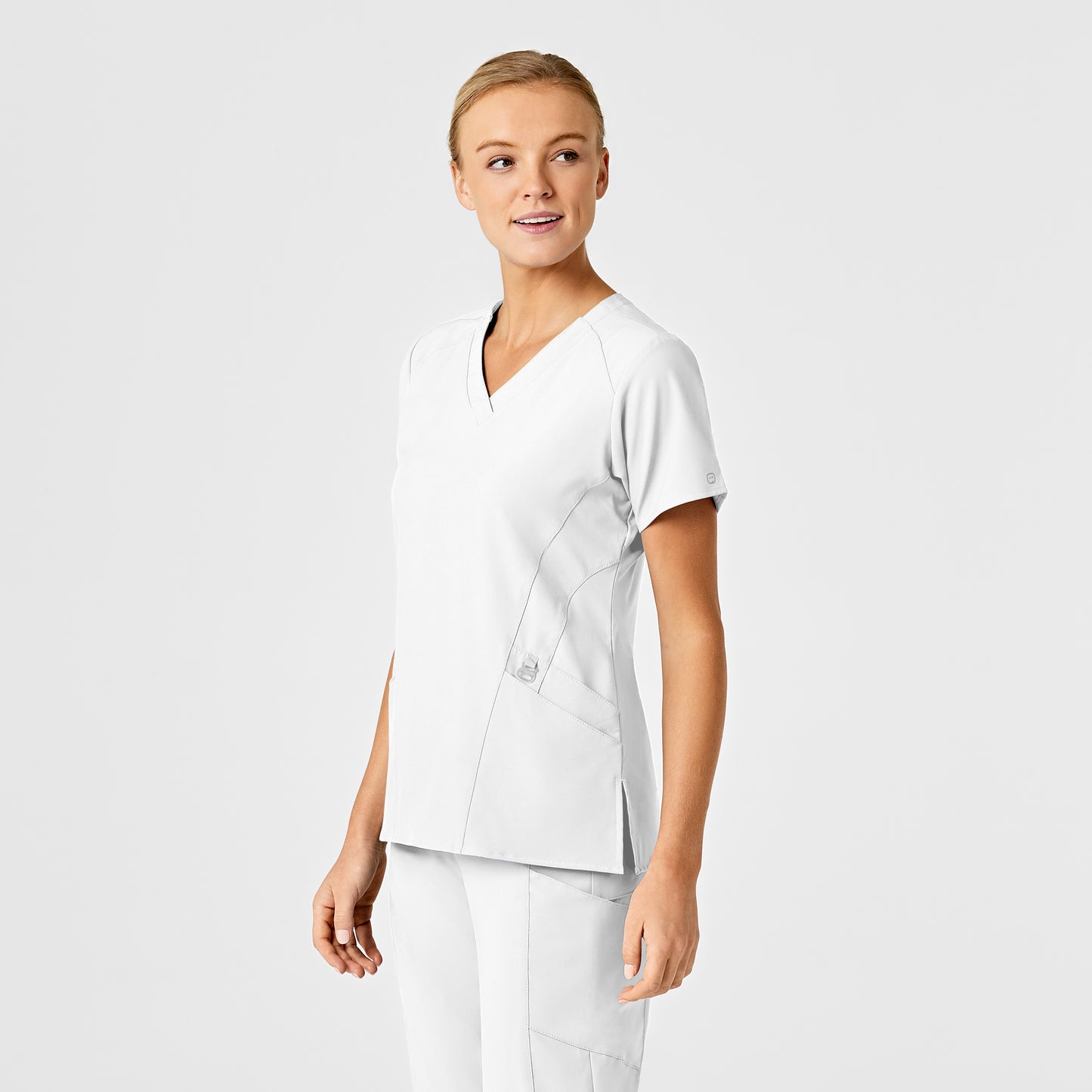 W123 6155 Stylized V-Neck Scrub Top White Model Image Left Side | Wink