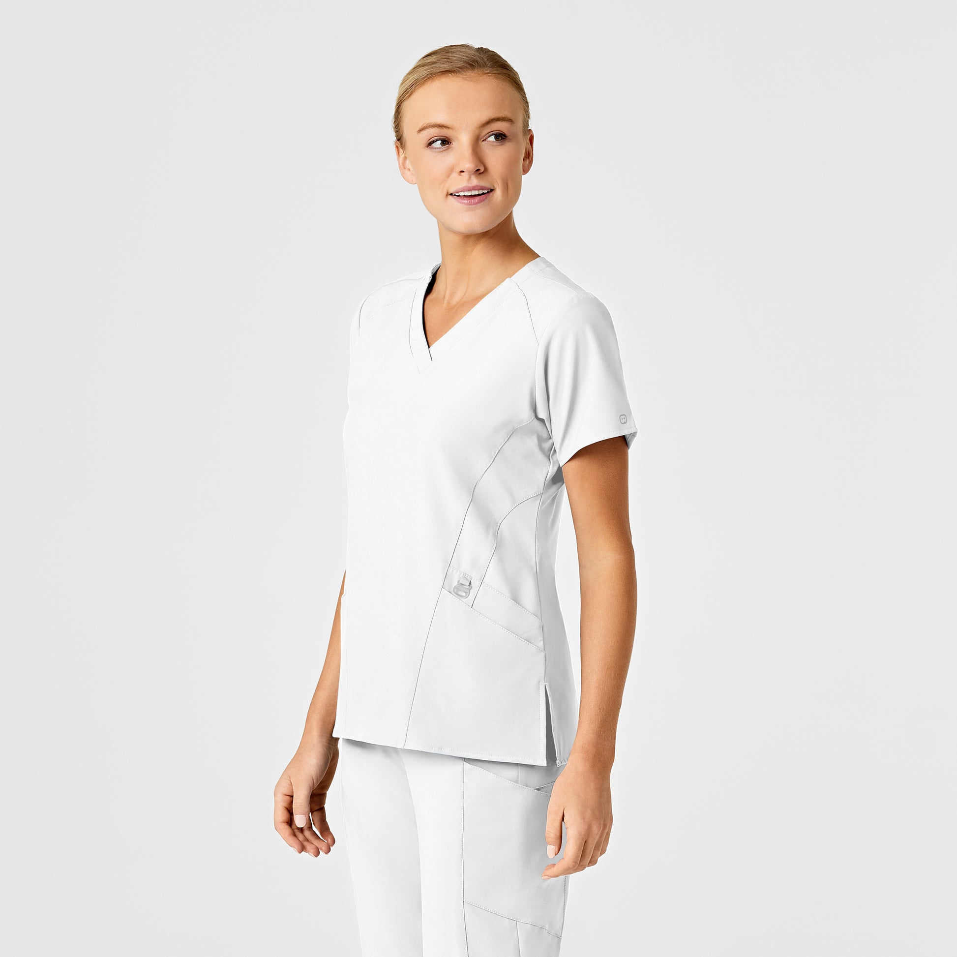 W123 6155 Stylized V-Neck Scrub Top White Model Image Right Side | Wink