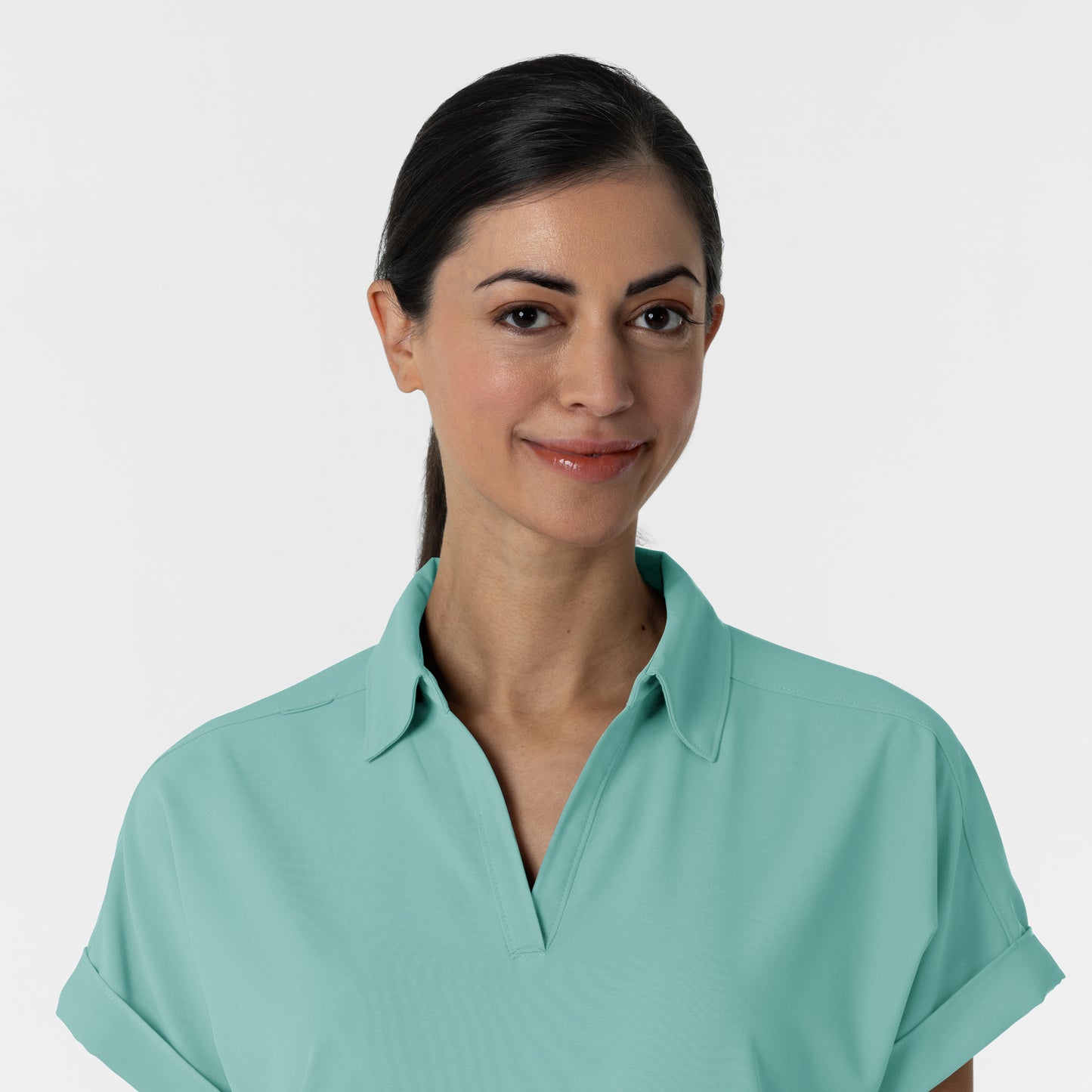 RENEW 6934 Women’s Flex-n-Reach Collared Scrub Top Turquoise Model Image Left Side | Wink