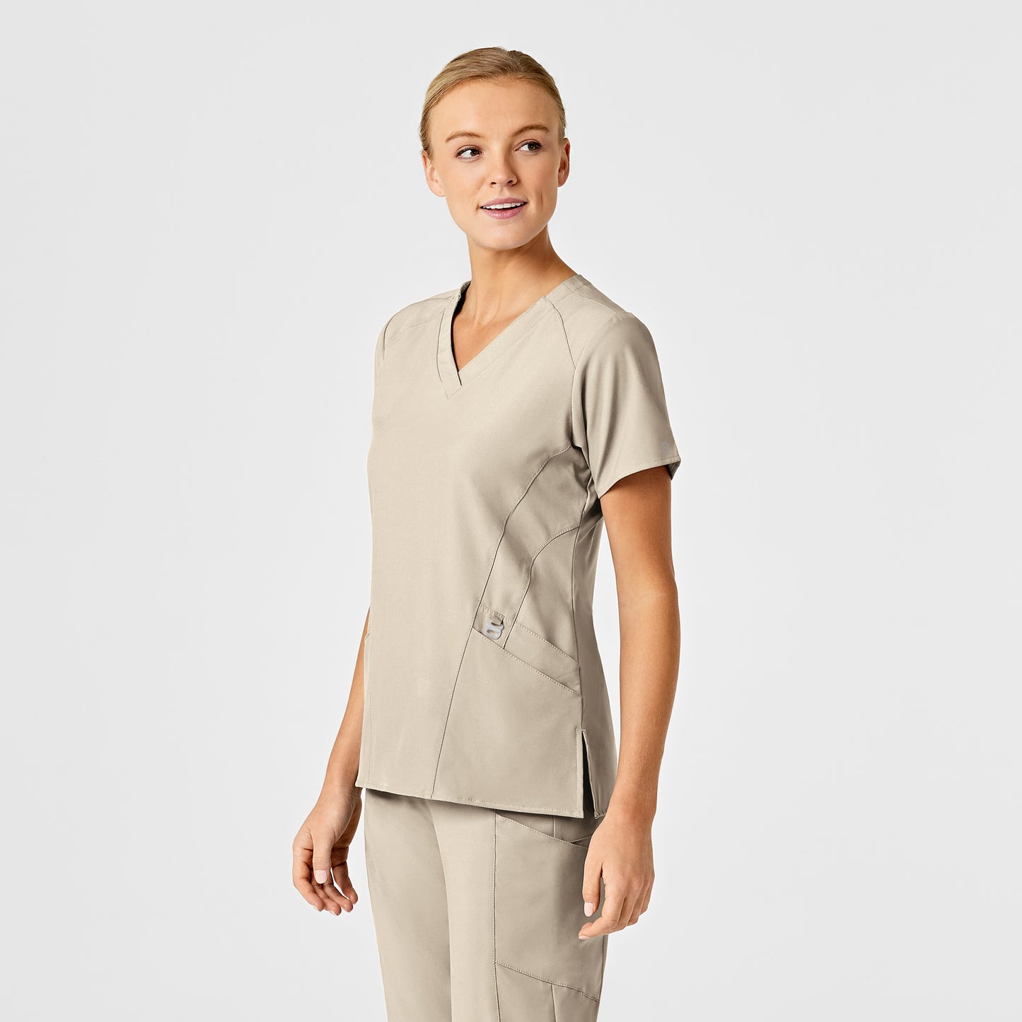 W123 6155 Stylized V-Neck Scrub Top Khaki Model Image Left Side | Wink