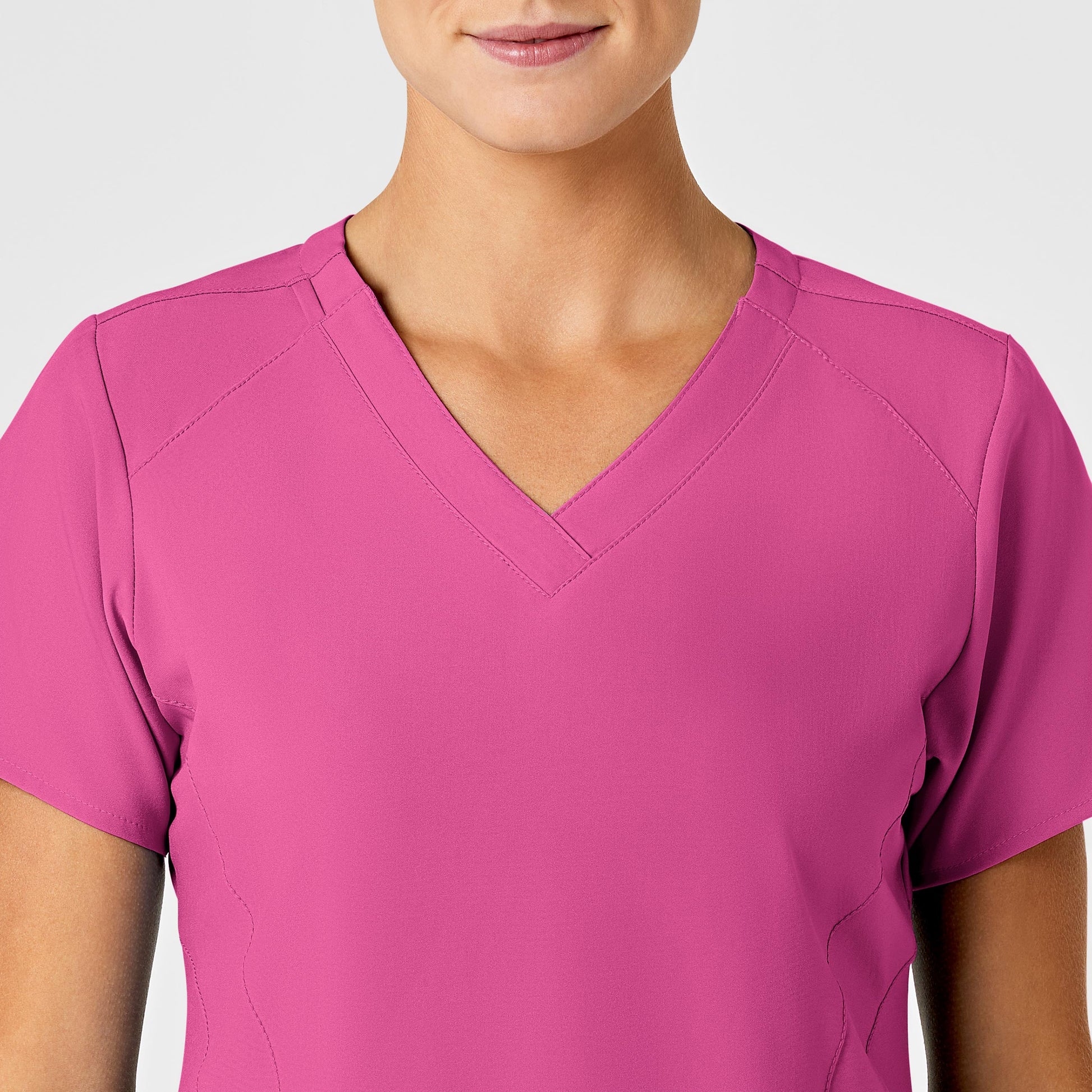 W123 6155 Stylized V-Neck Scrub Top Hot Pink Model Image Left Side | Wink