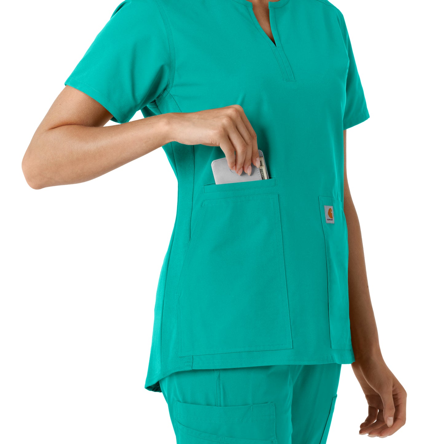 Force Essentials C12413 Notch Neck Tunic Knit Panel Scrub Top Teal Model Image Alternate | Carhartt