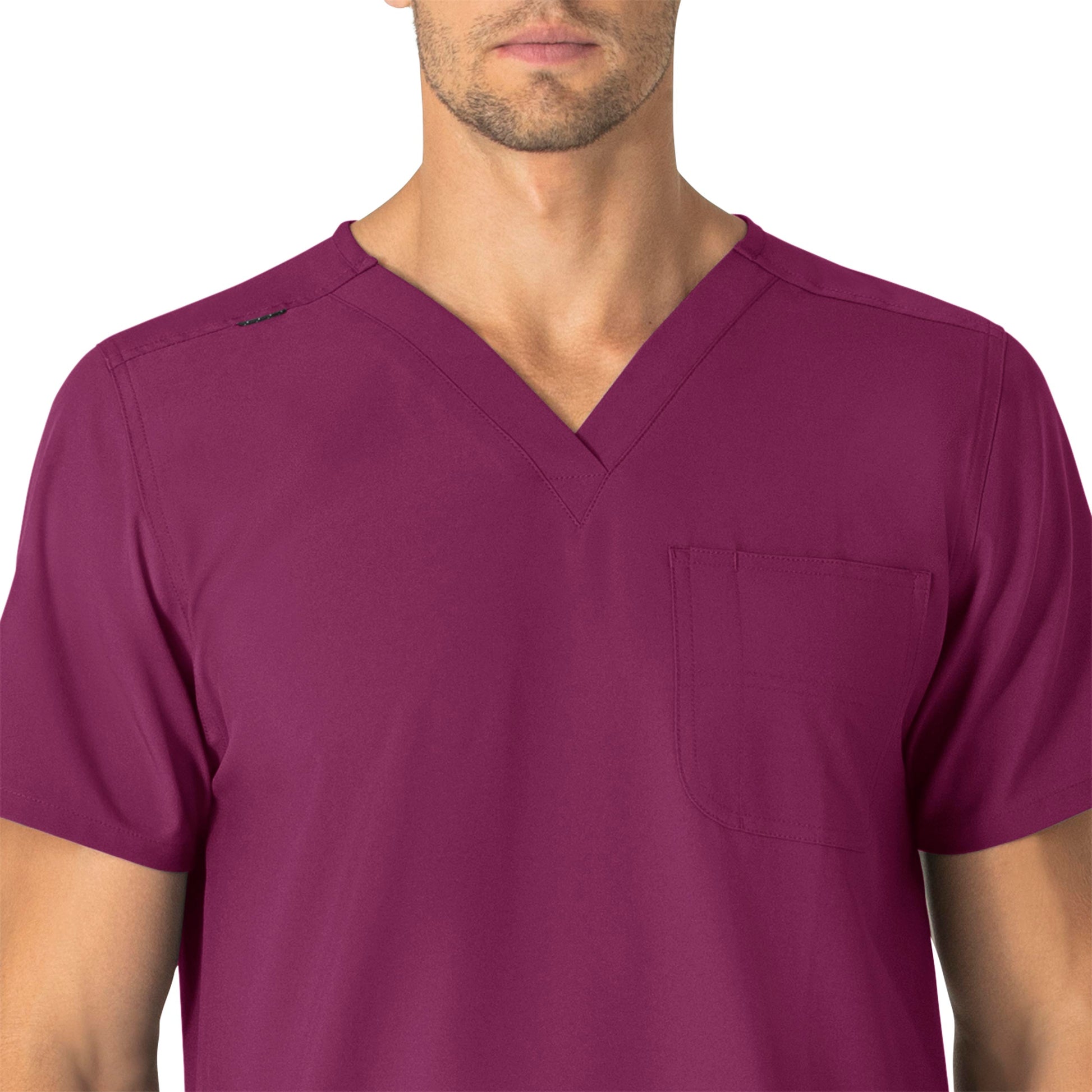 Force Essentials C15013 Unisex V-Neck 6-Pocket Scrub Top Wine Model Image Left Side | Carhartt