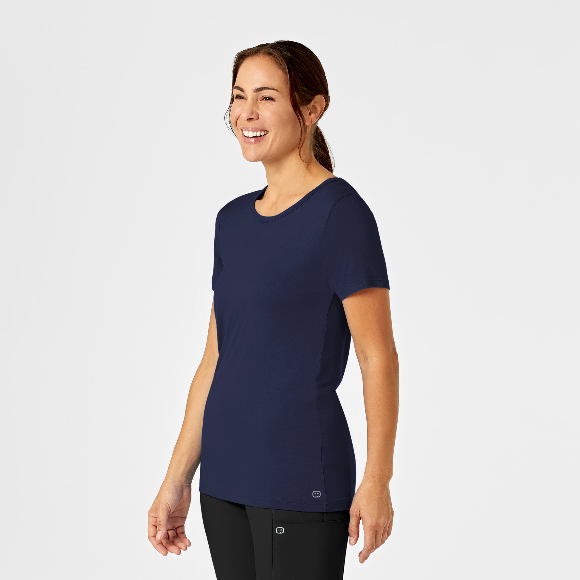 Layers 2209 Silky Knit Short Sleeve Tee Navy Model Image Right Side | Wink