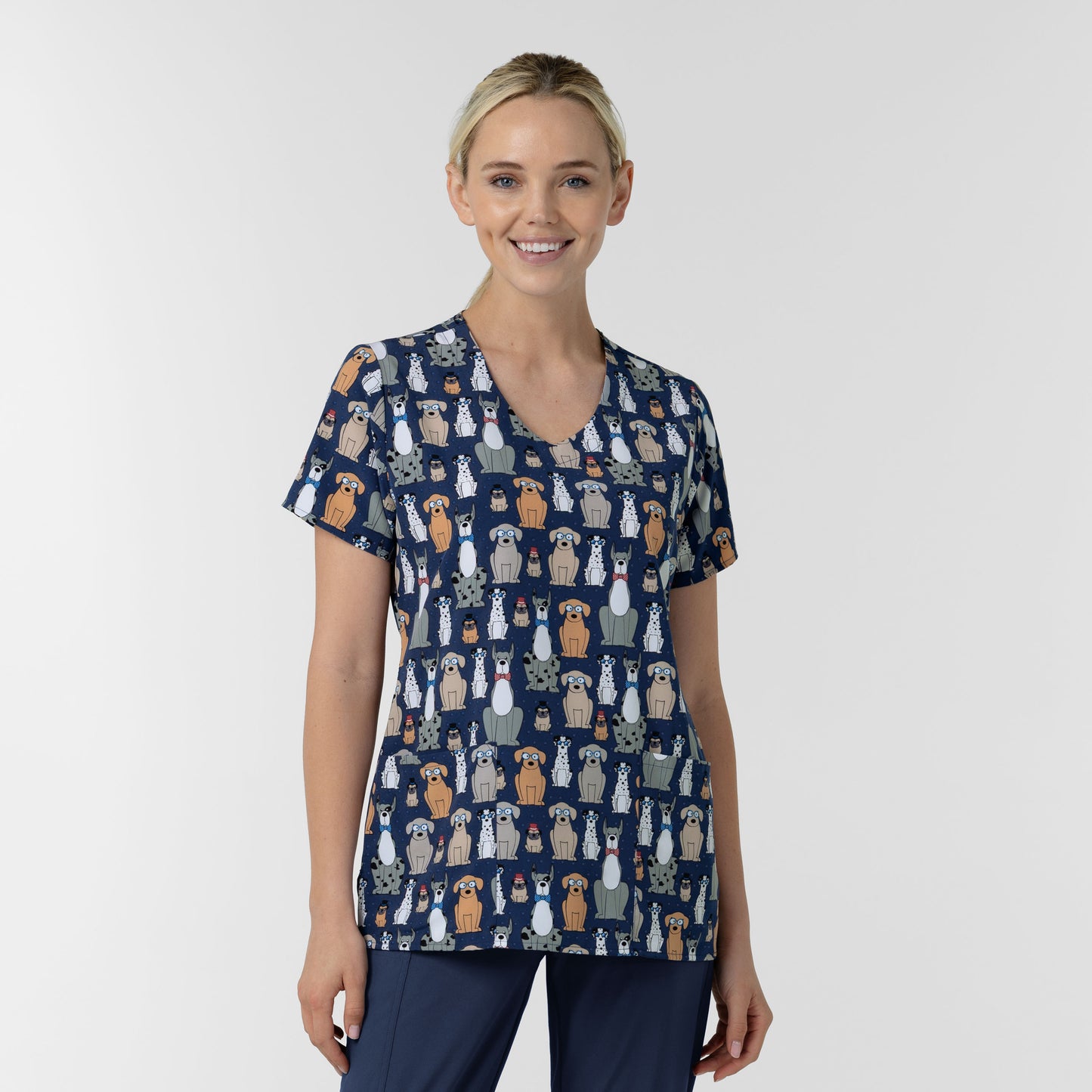 Fashion Prints 6147 Women's V-Neck Print Scrub Top Buster and Tiny Navy