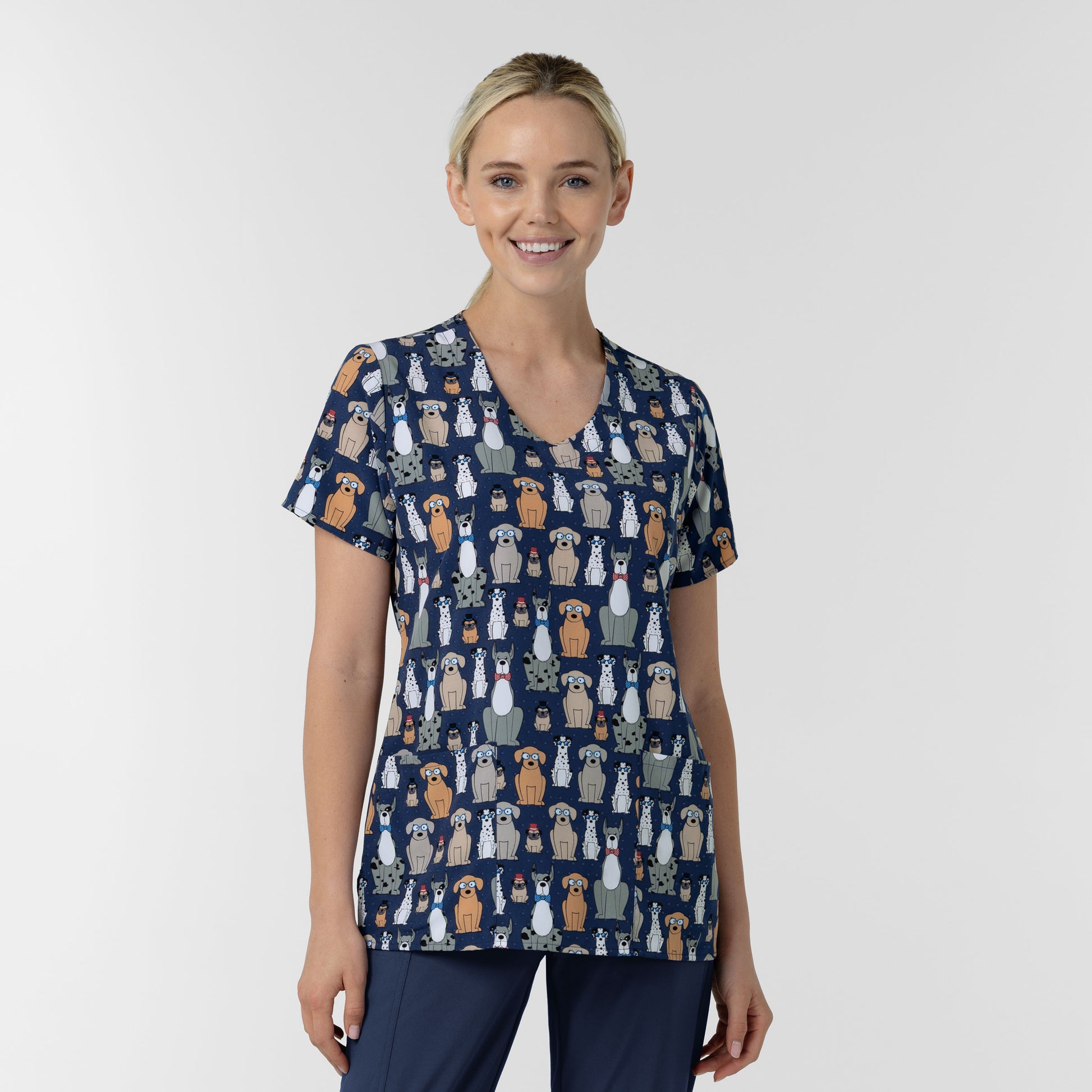 Fashion Prints 6147 Women's V-Neck Print Scrub Top Buster and Tiny Navy