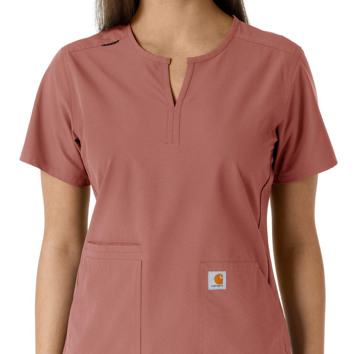 Force Essentials C12413 Notch Neck Tunic Knit Panel Scrub Top Wildrose Model Image Left Side | Carhartt