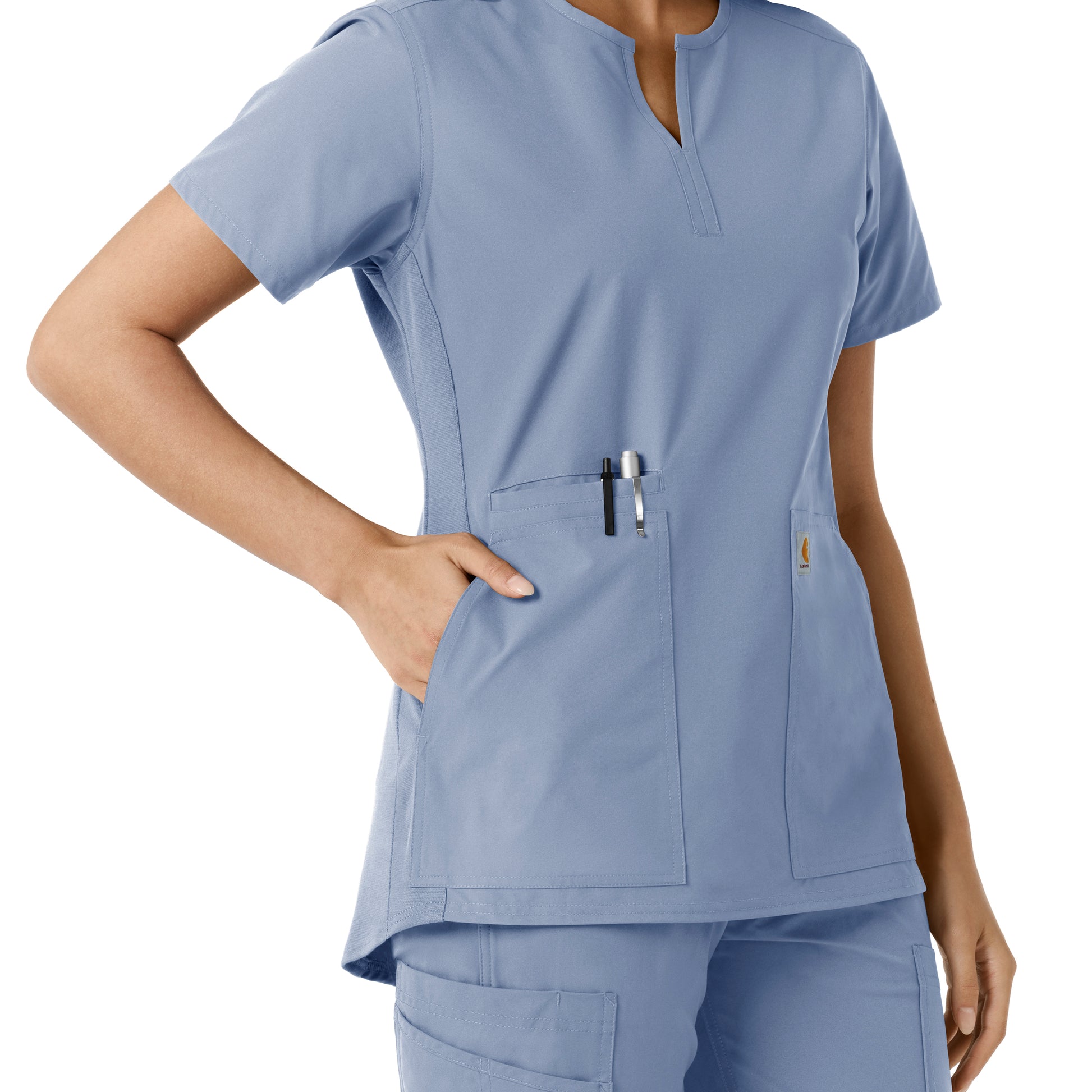 Force Essentials C12413 Notch Neck Tunic Knit Panel Scrub Top Ceil Blue Model Image Alternate | Carhartt