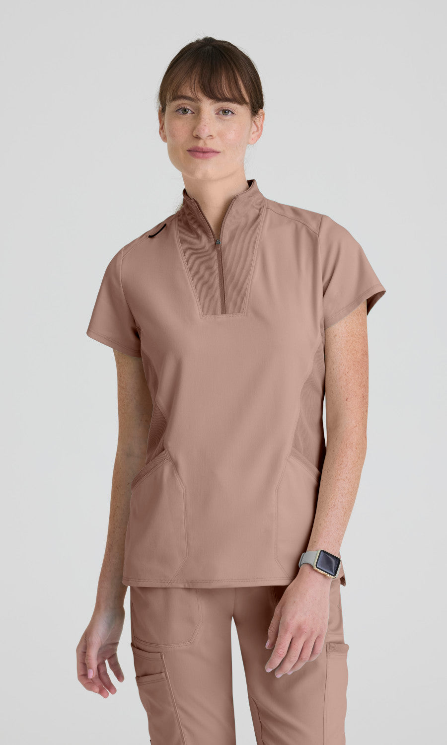 Greys Anatomy Spandex Stretch GRST292 Women's Kristi Top in Warm Mocha by Barco Model Image Front