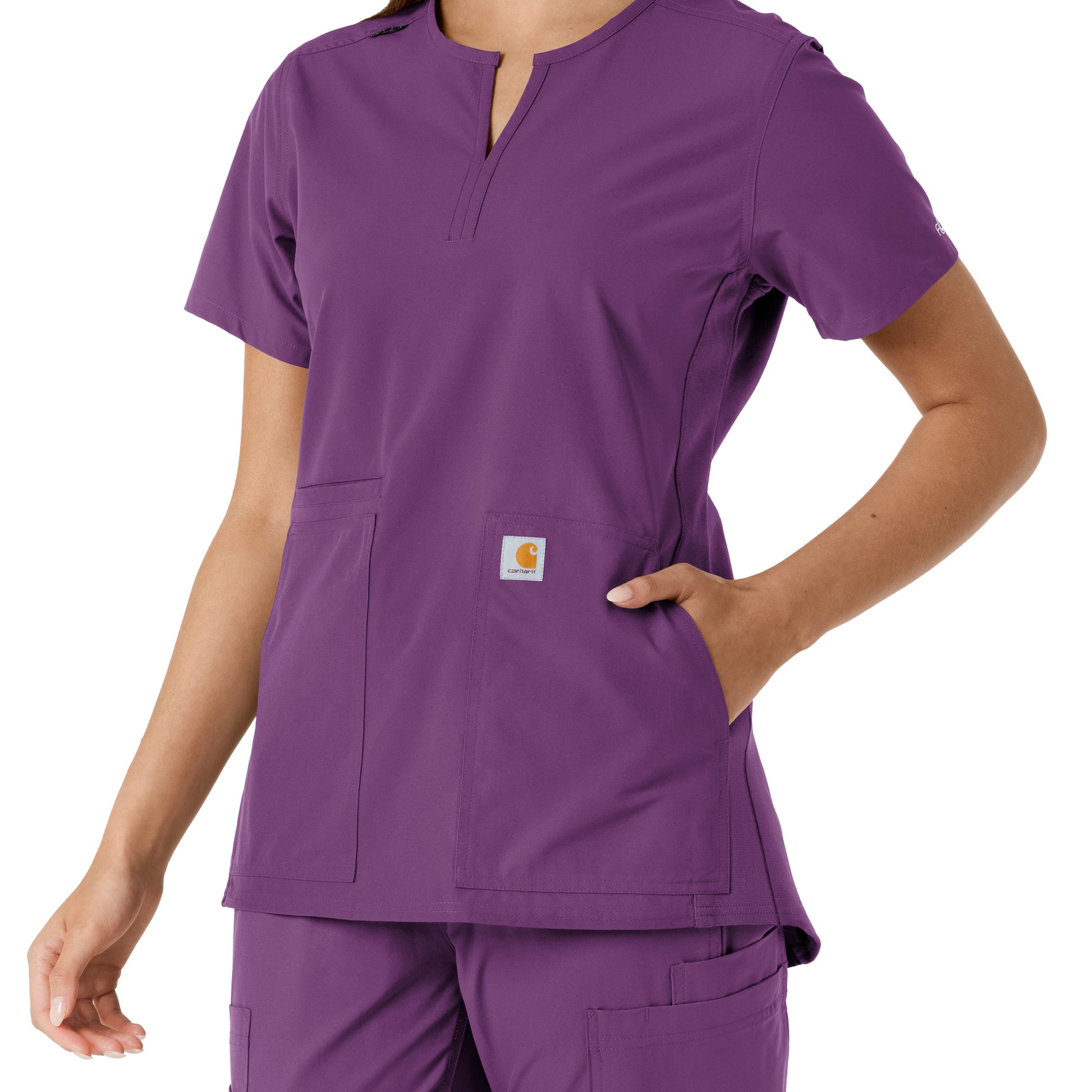 Force Essentials C12413 Notch Neck Tunic Knit Panel Scrub Top Eggplant Model Image Alternate | Carhartt