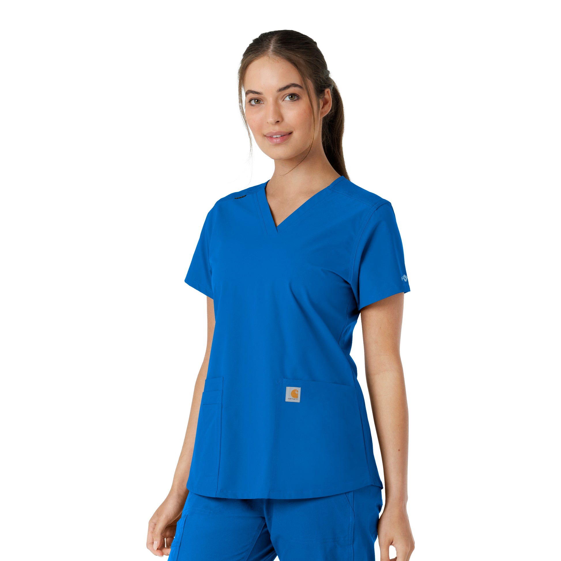 Force Essentials C12313 V-Neck Knit Panel Scrub Top Royal Model Image Left Side | Carhartt