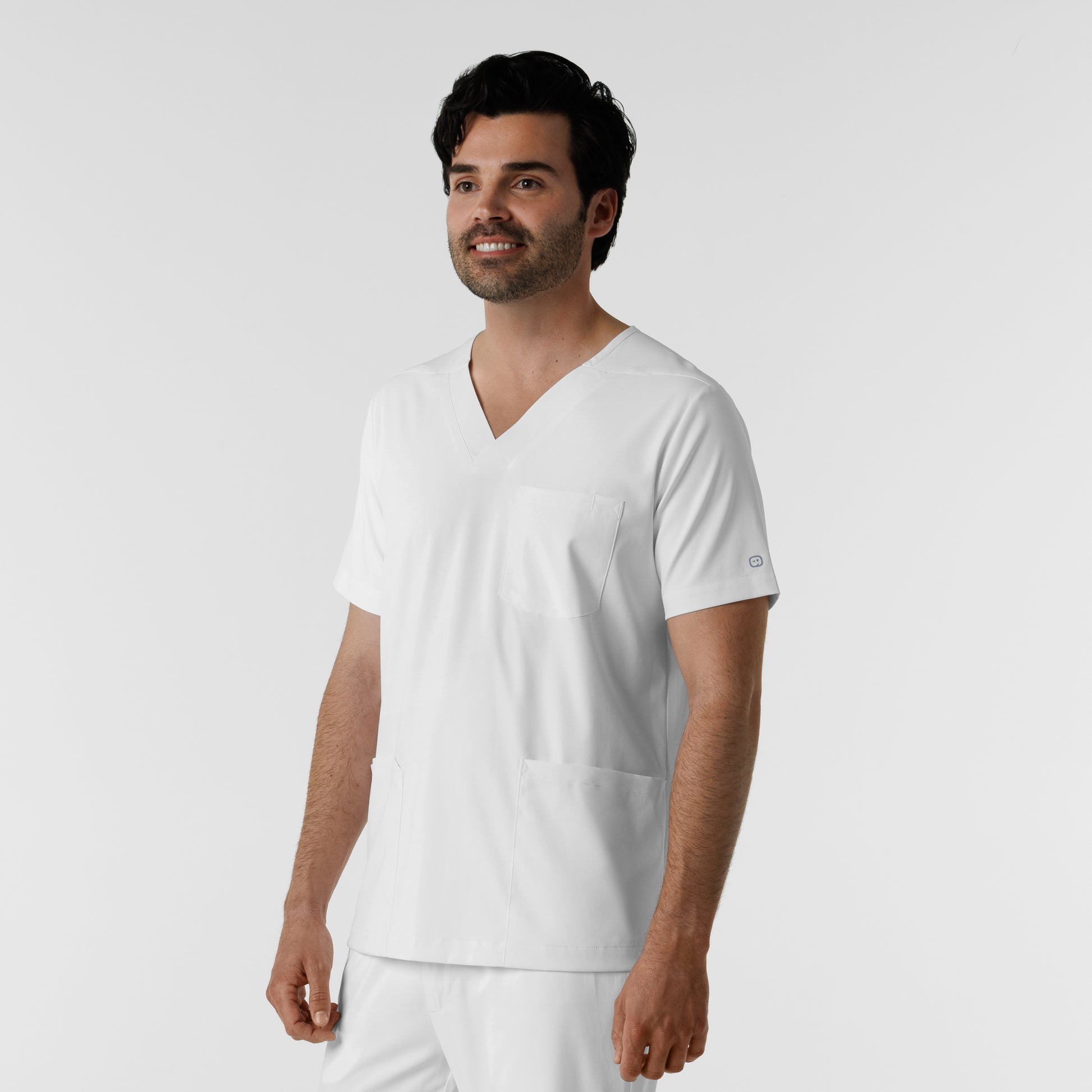 Boundless 6351 Men's Multi Pocket V-Neck Scrub Top White Model Image Right Side | Wink