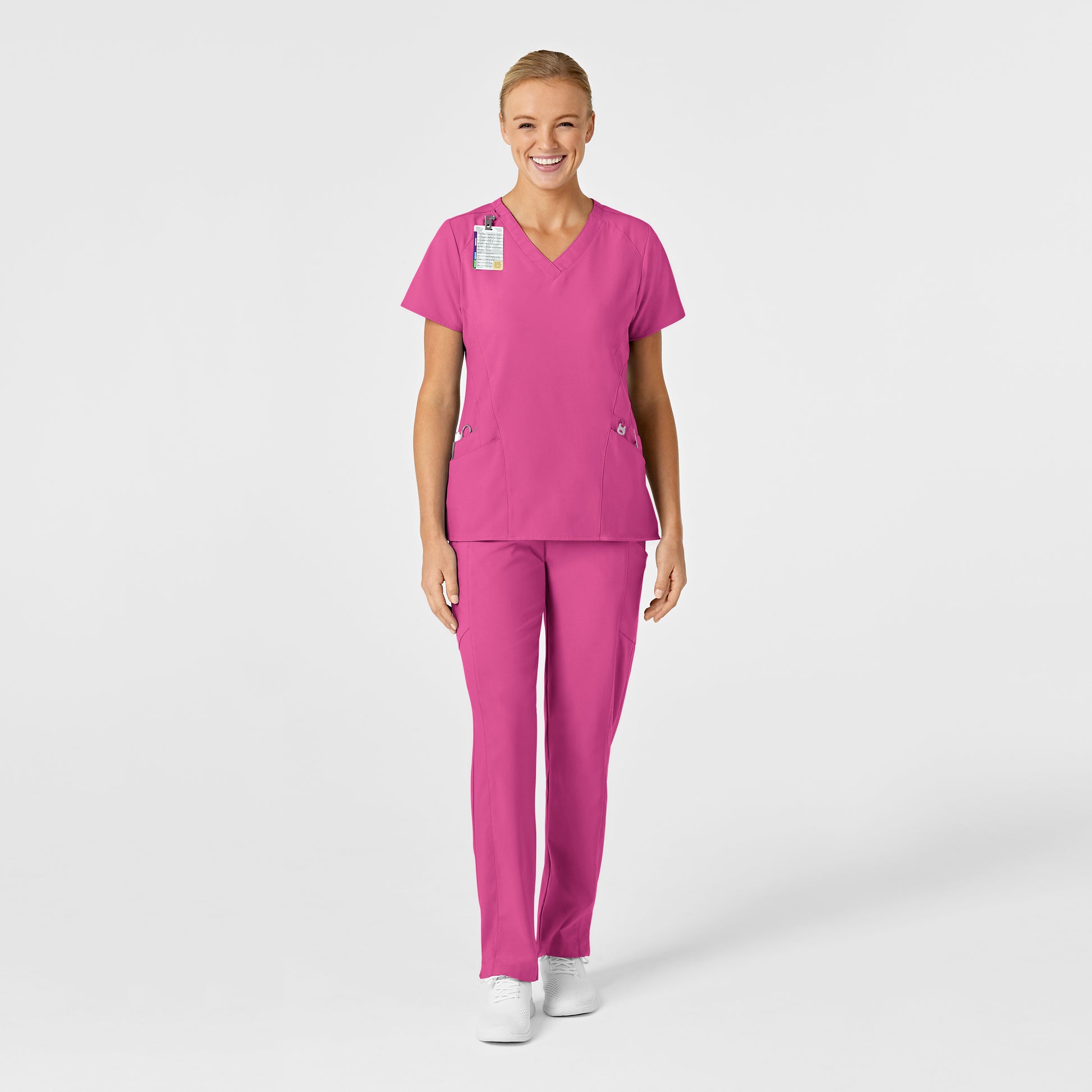 W123 6155 Stylized V-Neck Scrub Top Hot Pink Model Image Alternate | Wink