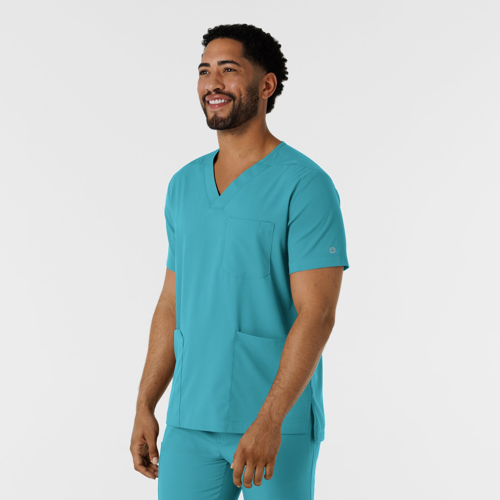 Boundless 6351 Men's Multi Pocket V-Neck Scrub Top Teal Model Image Right Side | Wink