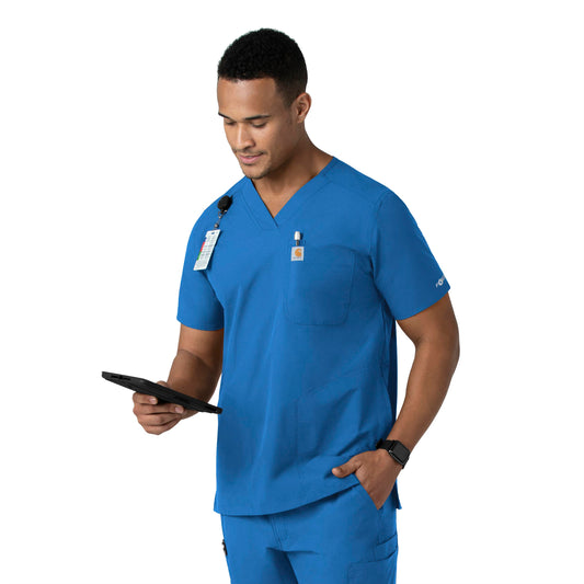 Force Essentials C16113 Men's V-Neck Shirttail Scrub Top Royal Model Image Right Side | Carhartt