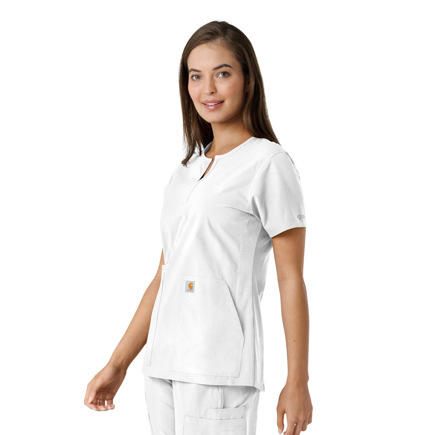 Force Essentials C12413 Notch Neck Tunic Knit Panel Scrub Top White Model Image Right Side | Carhartt