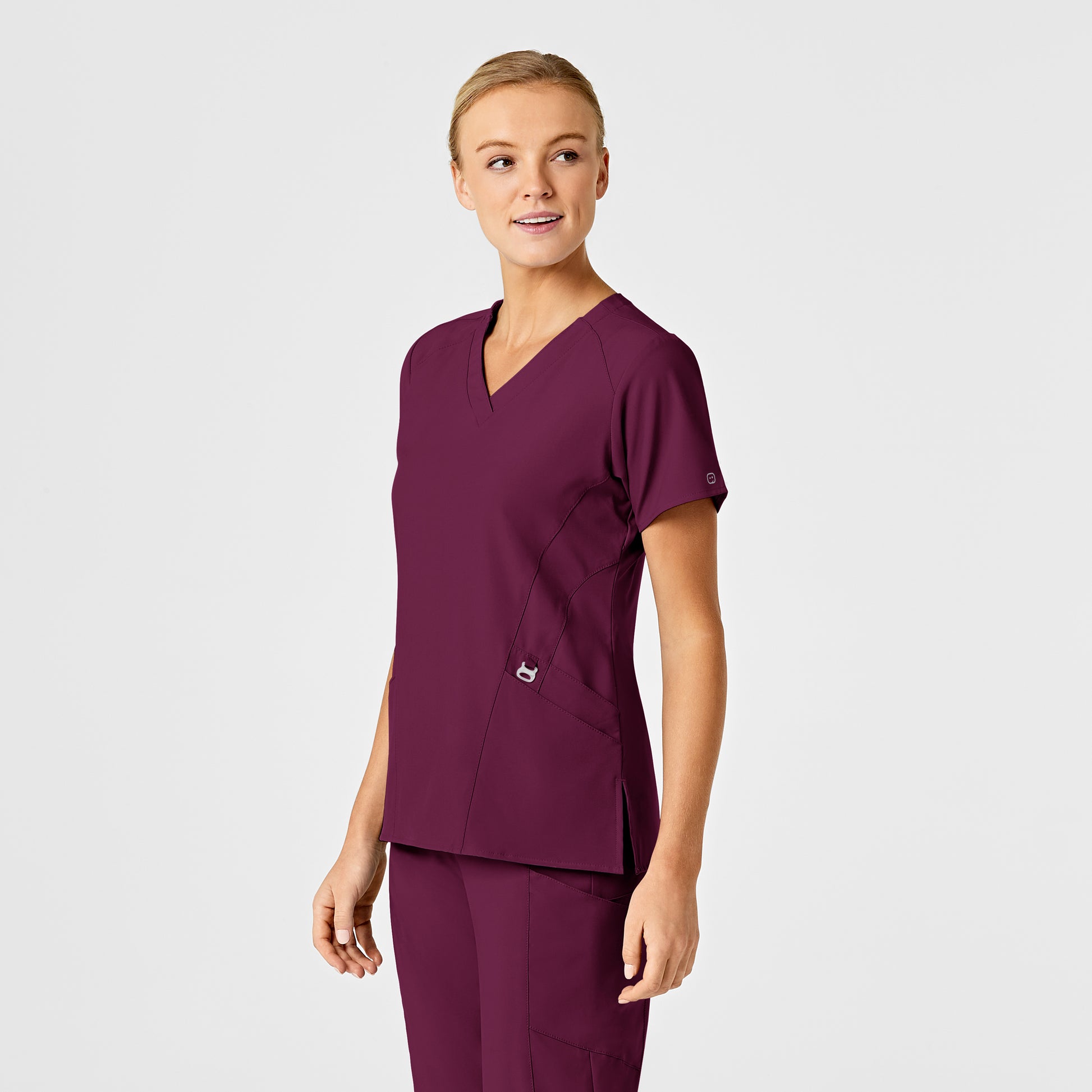 W123 6155 Stylized V-Neck Scrub Top Wine Model Image Left Side | Wink