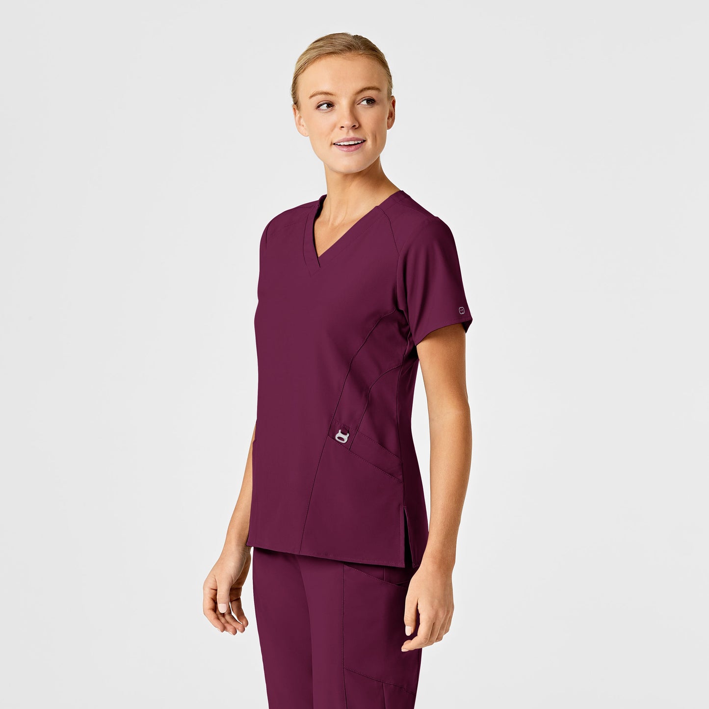 W123 6155 Stylized V-Neck Scrub Top Wine Model Image Right Side | Wink