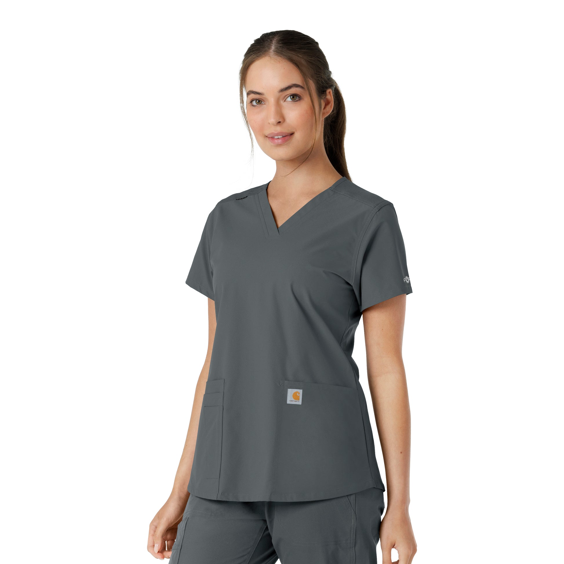 Force Essentials C12313 V-Neck Knit Panel Scrub Top Pewter Model Image Left Side | Carhartt